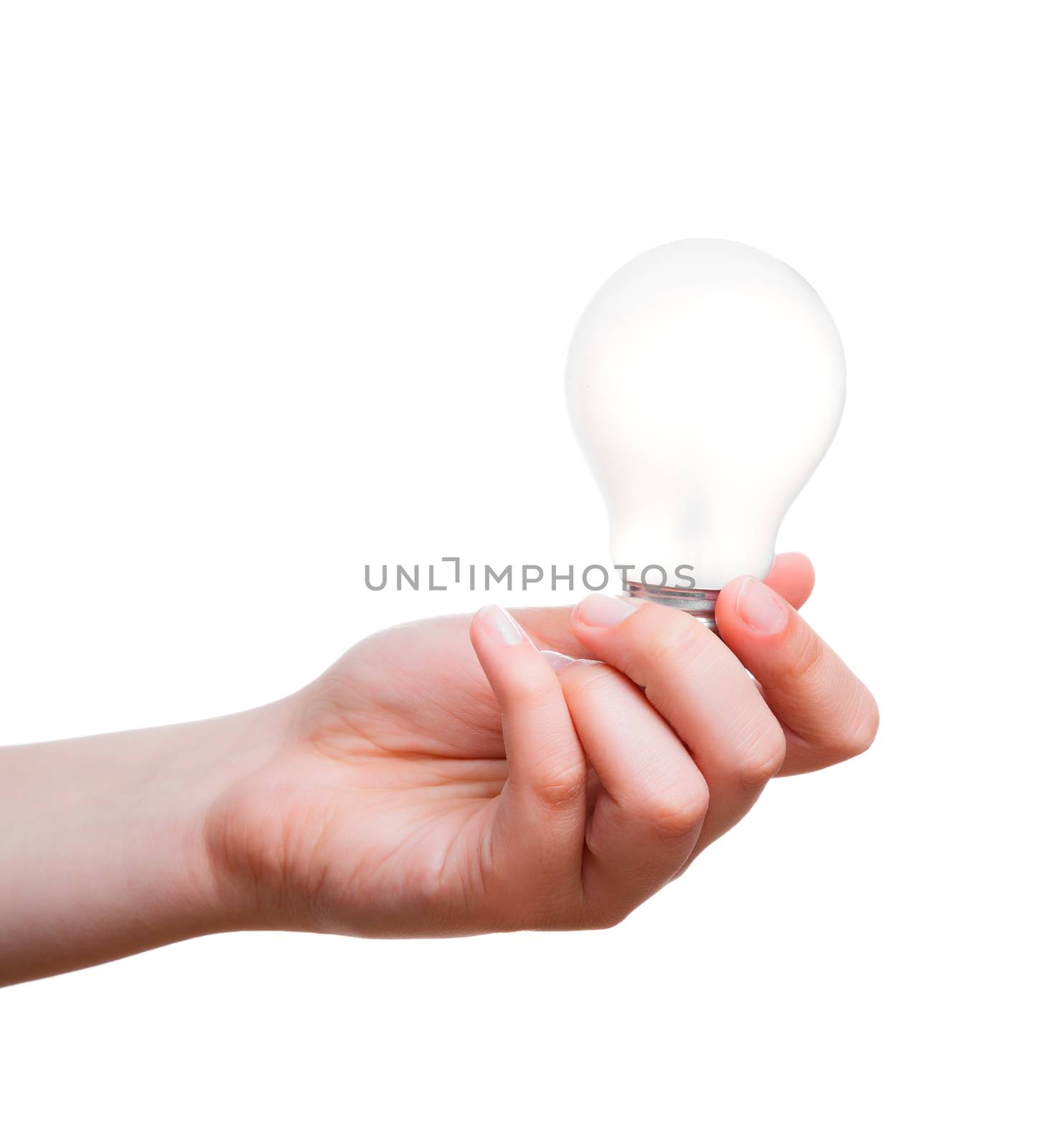 hand holding energy saving lamp on a white background by motorolka