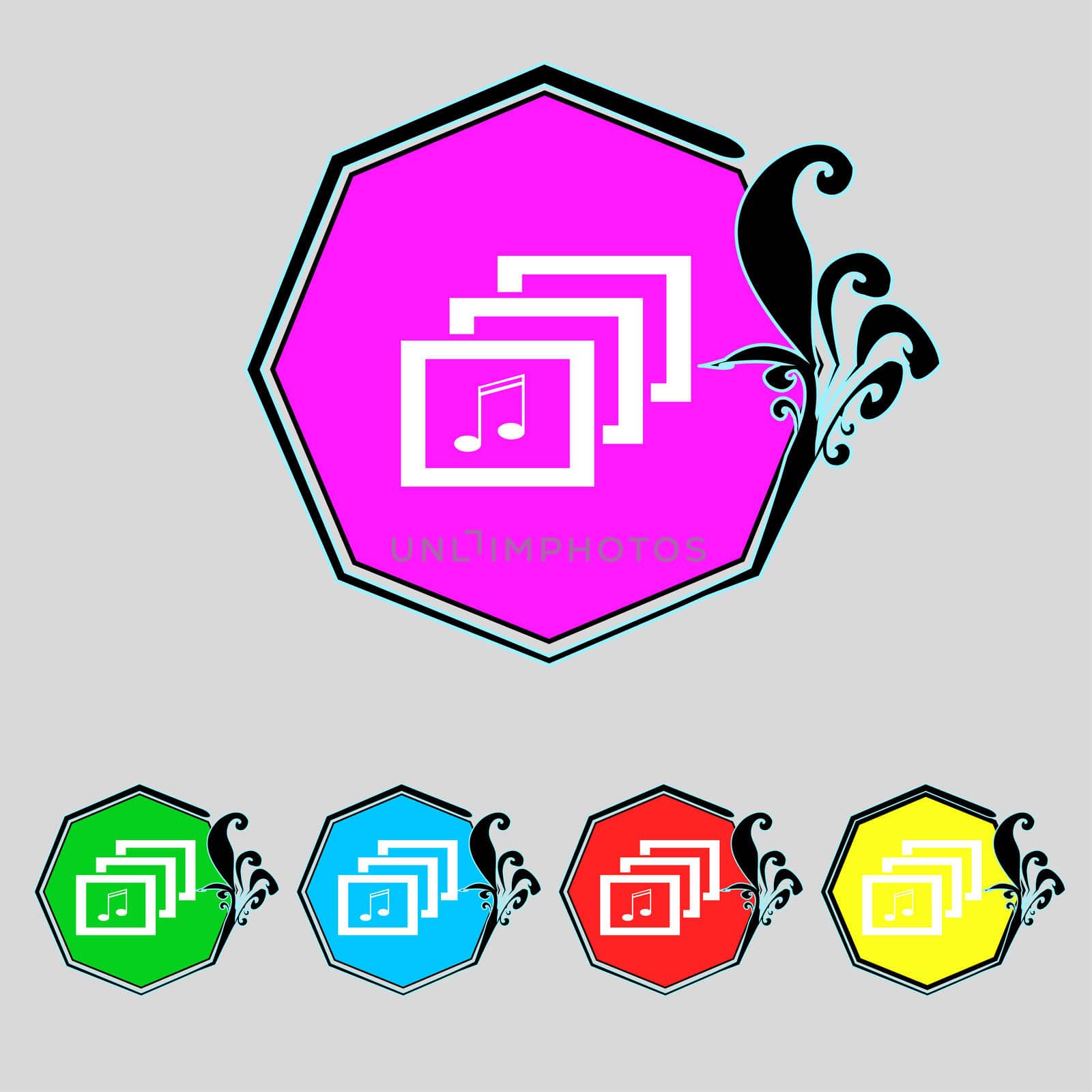 Mp3 music format sign icon. Musical symbol. Set colourful buttons.  by serhii_lohvyniuk