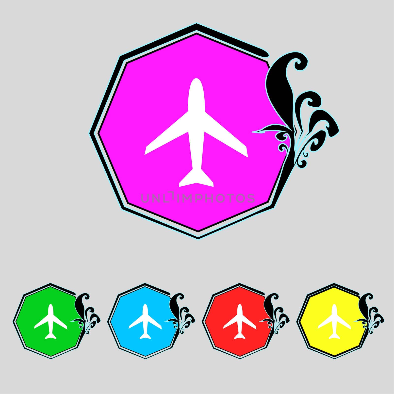 Airplane sign. Plane symbol. Travel icon. Flight flat label Set colourful buttons illustration