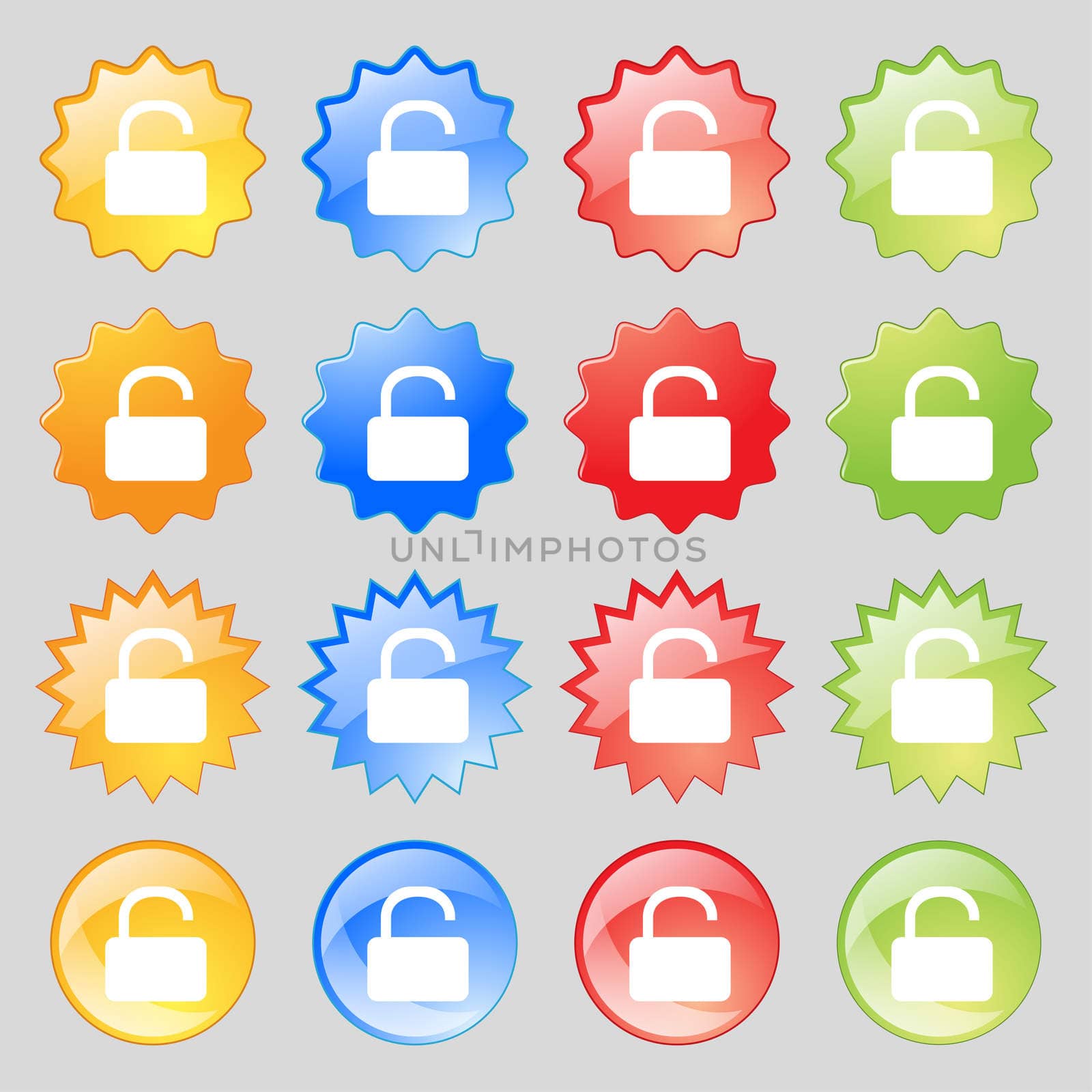 Open Padlock icon sign. Big set of 16 colorful modern buttons for your design. illustration