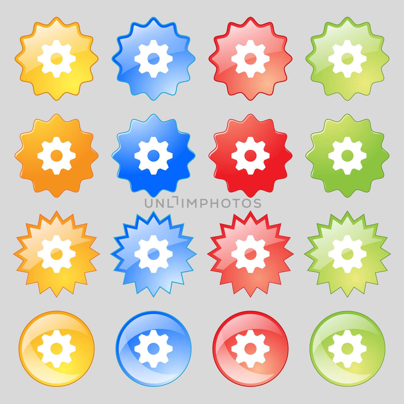 Cog settings sign icon. Cogwheel gear mechanism symbol. Big set of 16 colorful modern buttons for your design. illustration