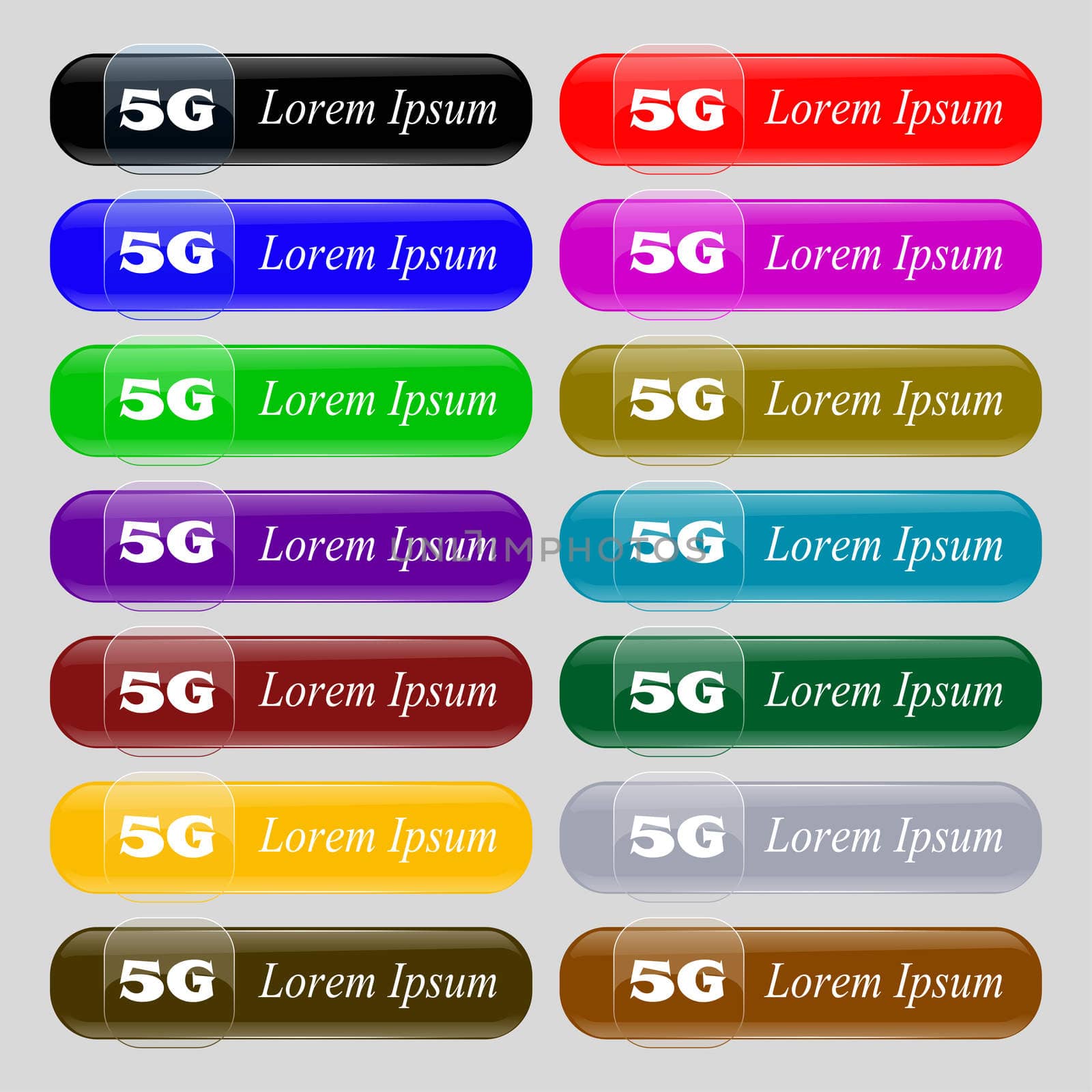 5G sign icon. Mobile telecommunications technology symbol. Set of colour buttons.  by serhii_lohvyniuk