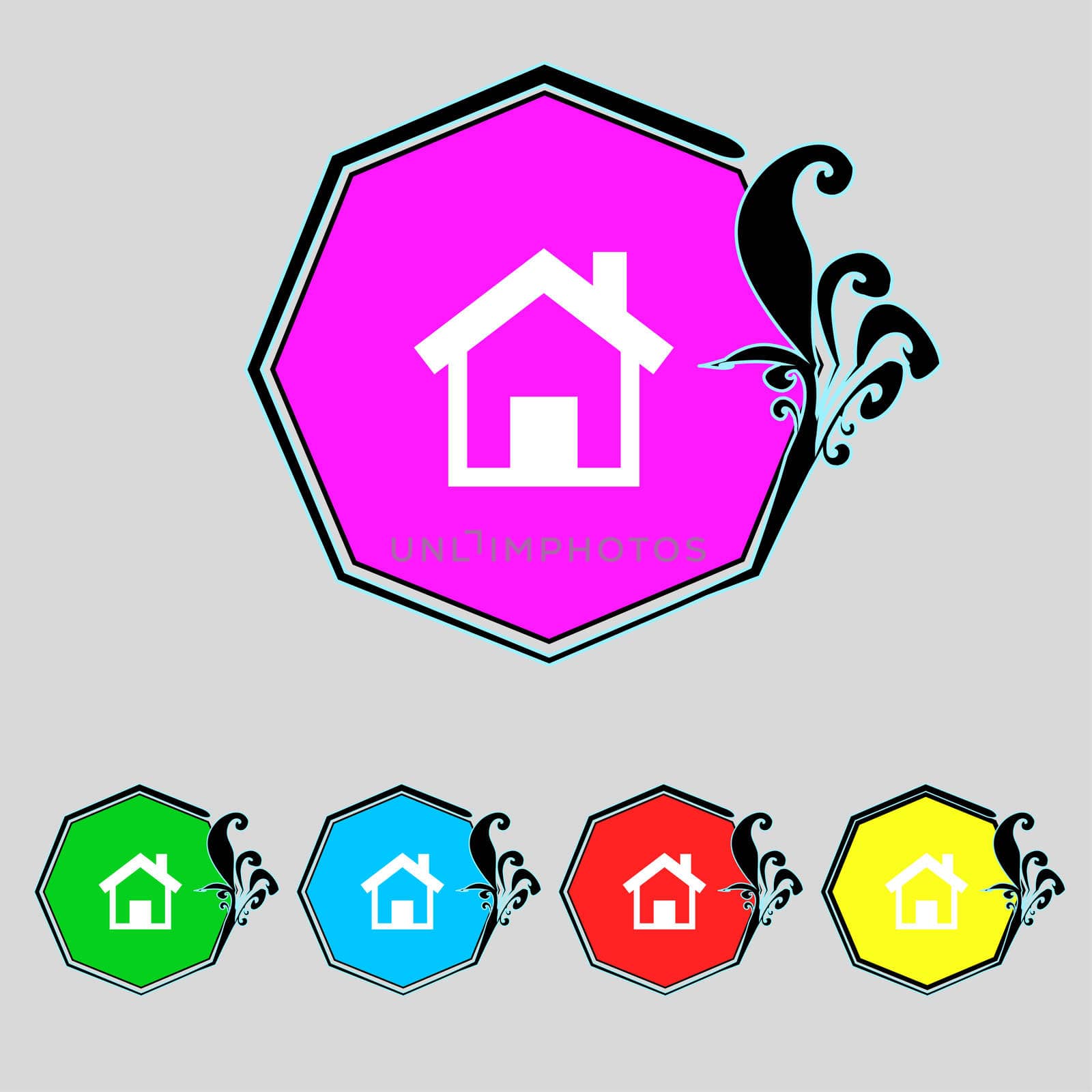 Home sign icon. Main page button. Navigation symbol. Set colourful buttons illustration