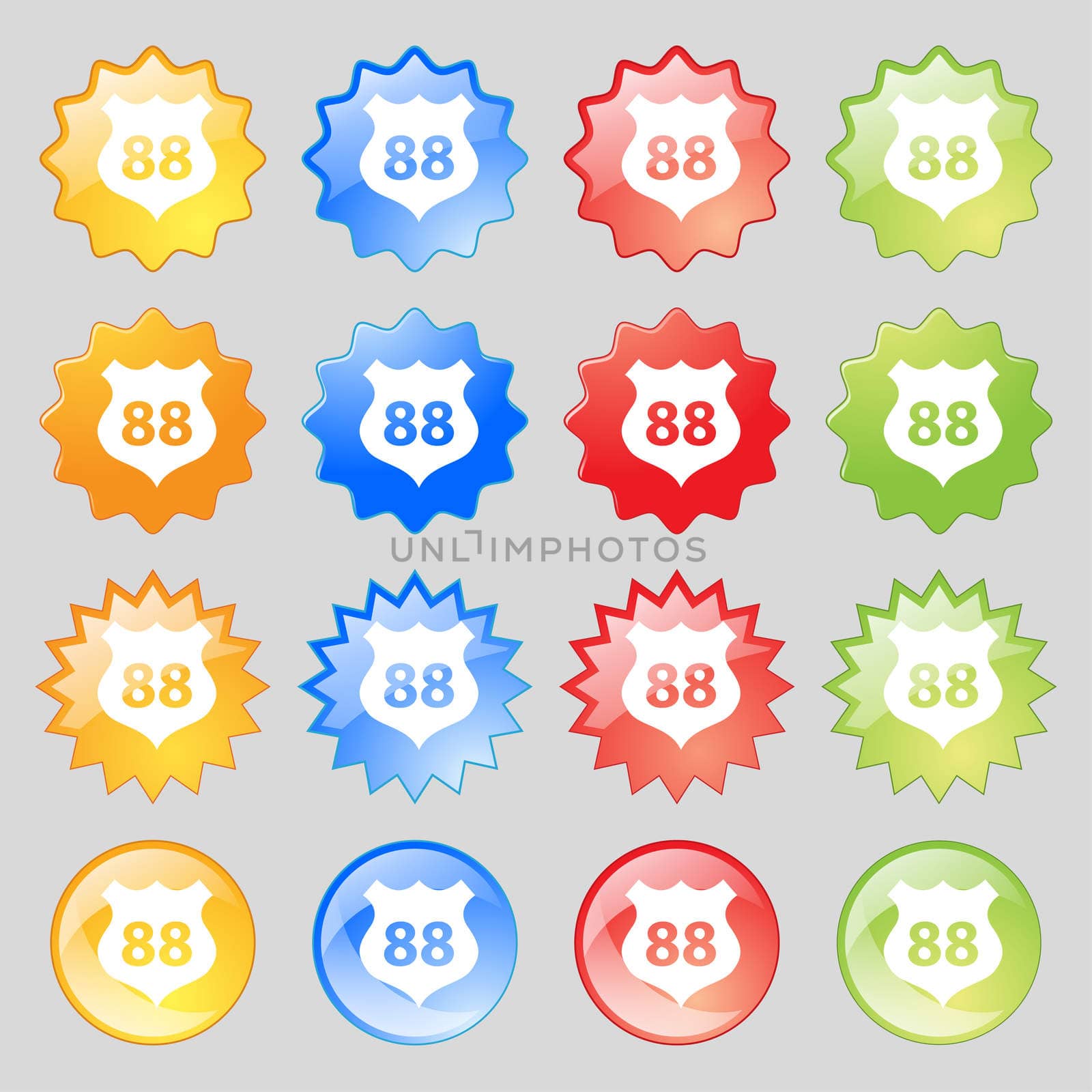 Route 88 highway icon sign. Big set of 16 colorful modern buttons for your design.  by serhii_lohvyniuk