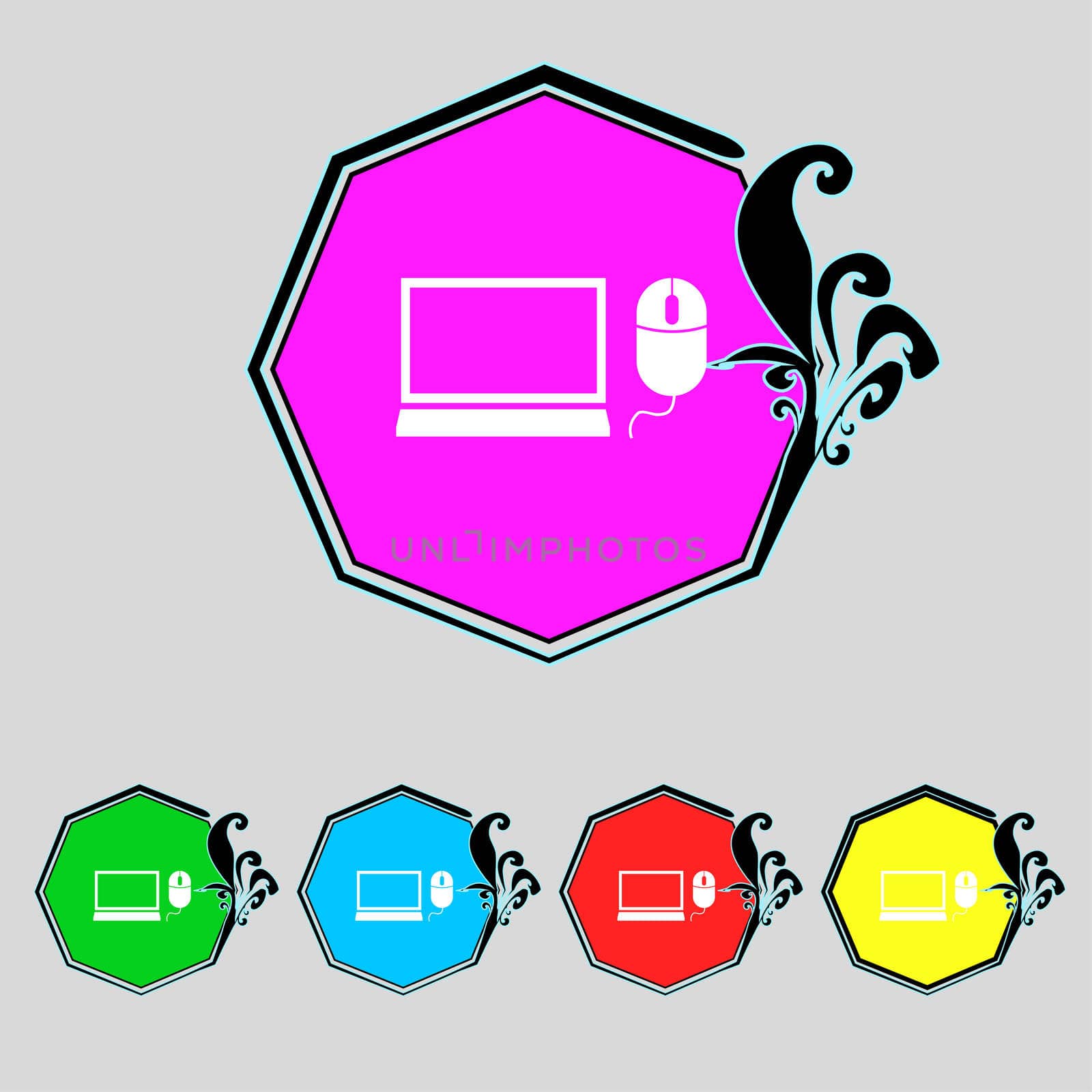 Computer widescreen monitor, mouse sign icon. Set colourful buttons.  by serhii_lohvyniuk