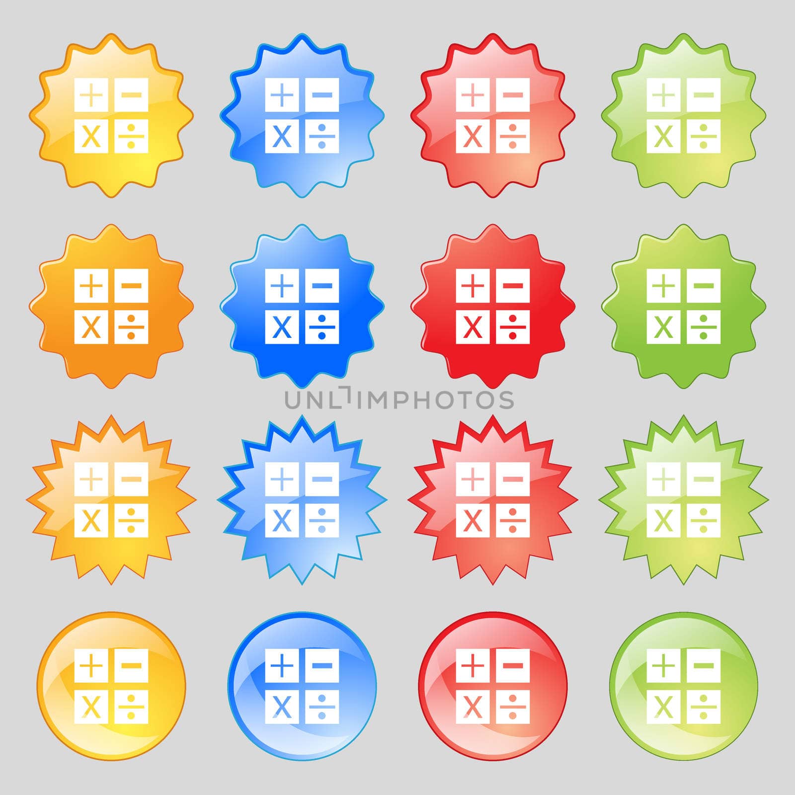 Multiplication, division, plus, minus icon Math symbol Mathematics. Big set of 16 colorful modern buttons for your design.  by serhii_lohvyniuk