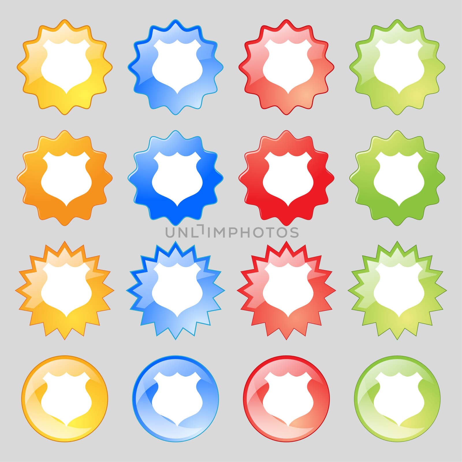 shield icon sign. Big set of 16 colorful modern buttons for your design. illustration