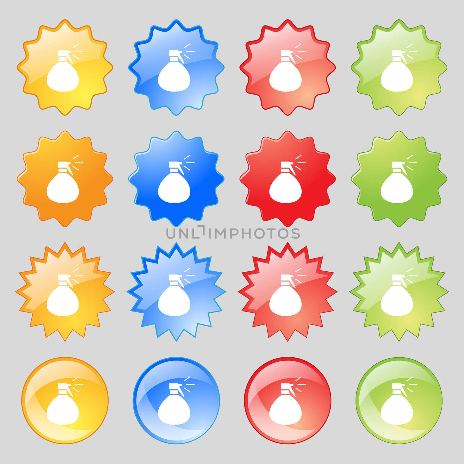 plastic spray of water icon sign. Big set of 16 colorful modern buttons for your design. illustration