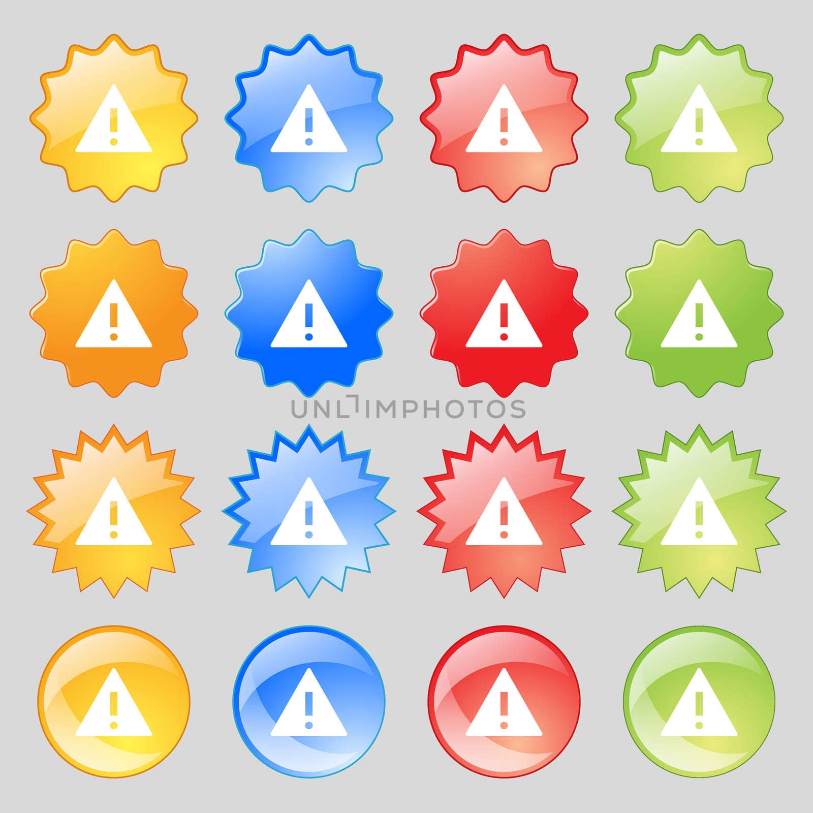 Attention sign icon. Exclamation mark. Hazard warning symbol. Big set of 16 colorful modern buttons for your design. illustration