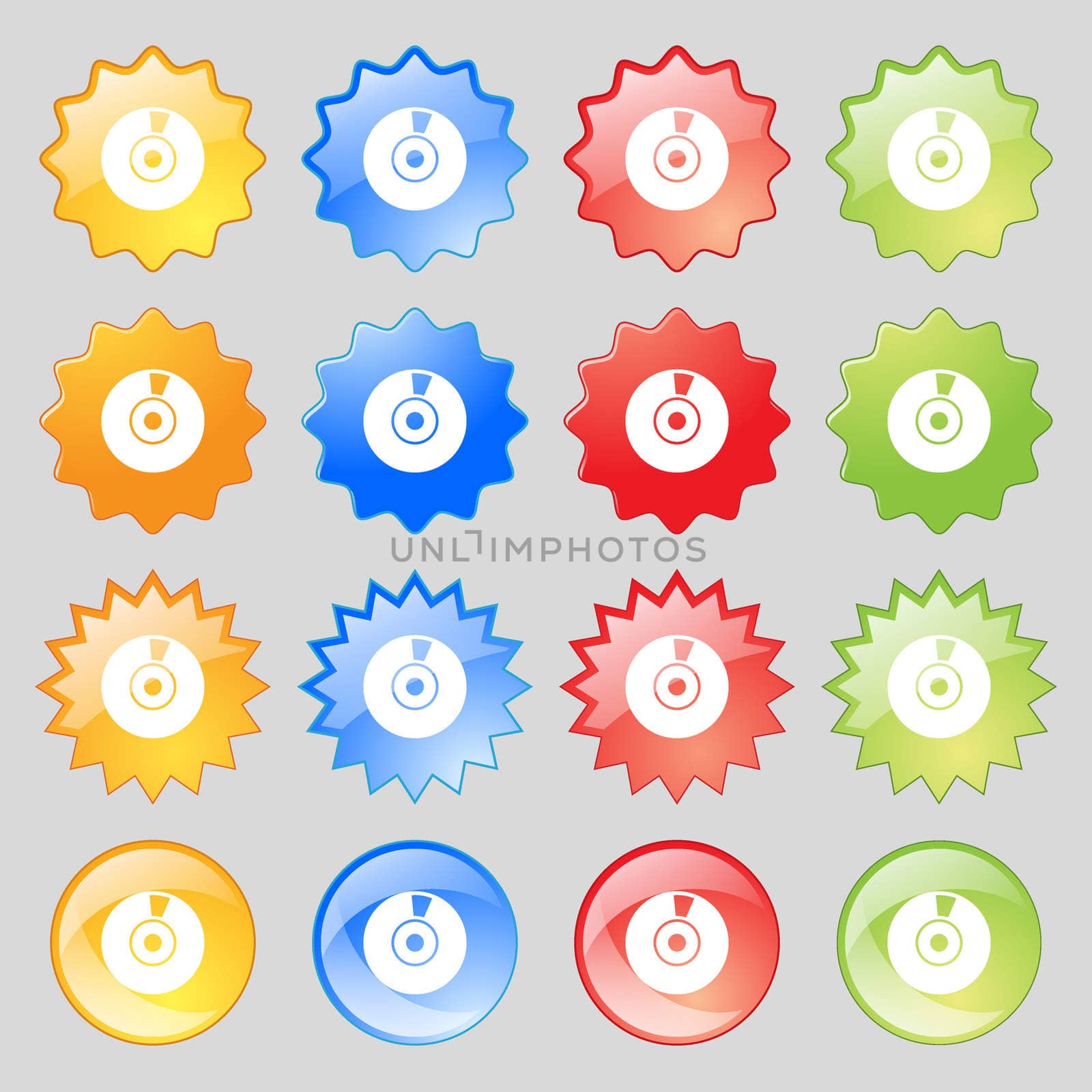 CD or DVD icon sign. Big set of 16 colorful modern buttons for your design.  by serhii_lohvyniuk