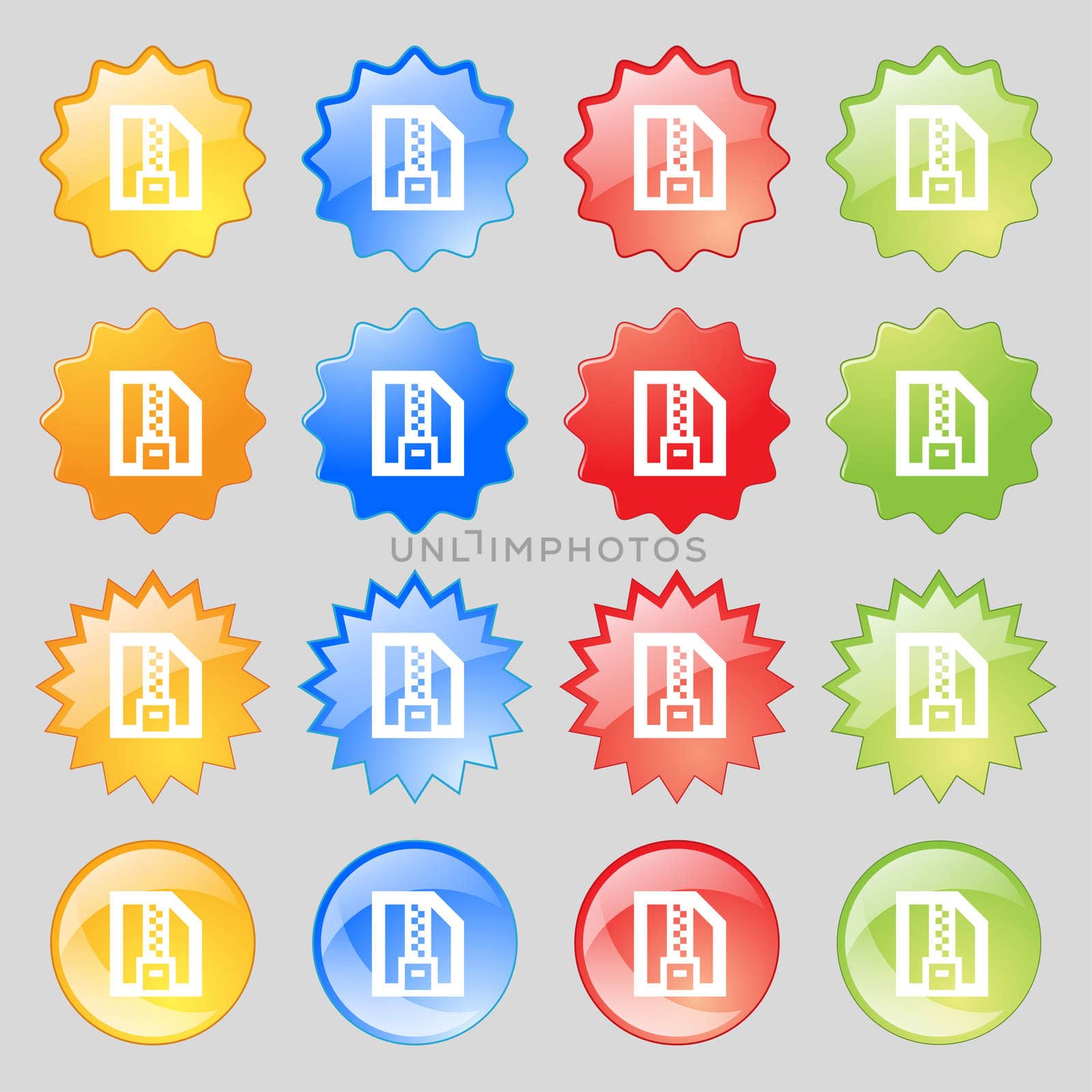 Archive file, Download compressed, ZIP zipped icon sign. Big set of 16 colorful modern buttons for your design. illustration