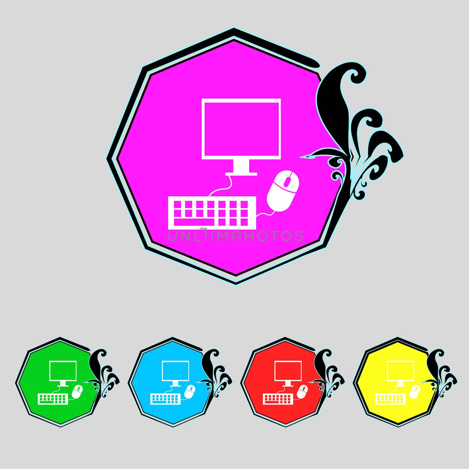 Computer widescreen monitor, keyboard, mouse sign icon. Set colourful buttons.  by serhii_lohvyniuk