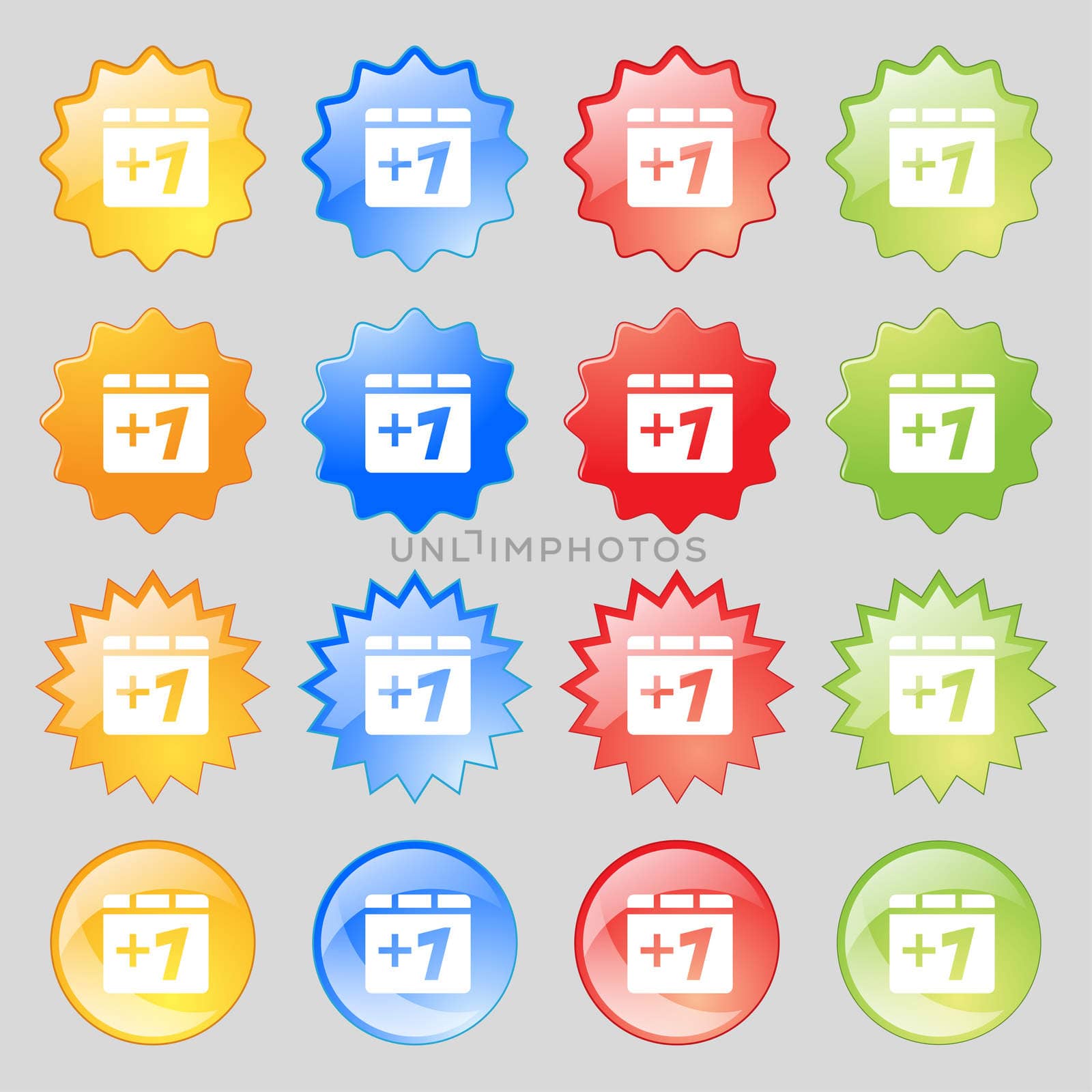 Plus one, Add one icon sign. Big set of 16 colorful modern buttons for your design.  by serhii_lohvyniuk