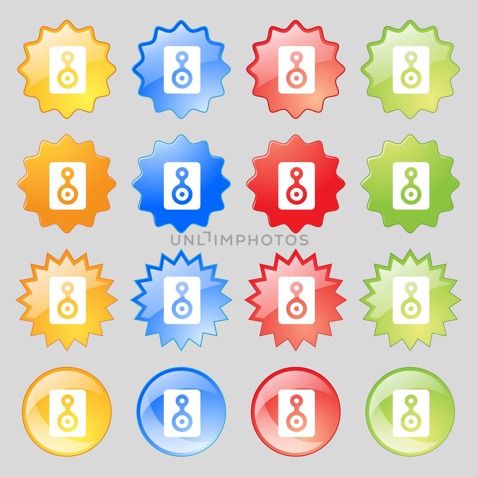 Video Tape icon sign. Set from sixteen multi-colored glass buttons with place for text. illustration