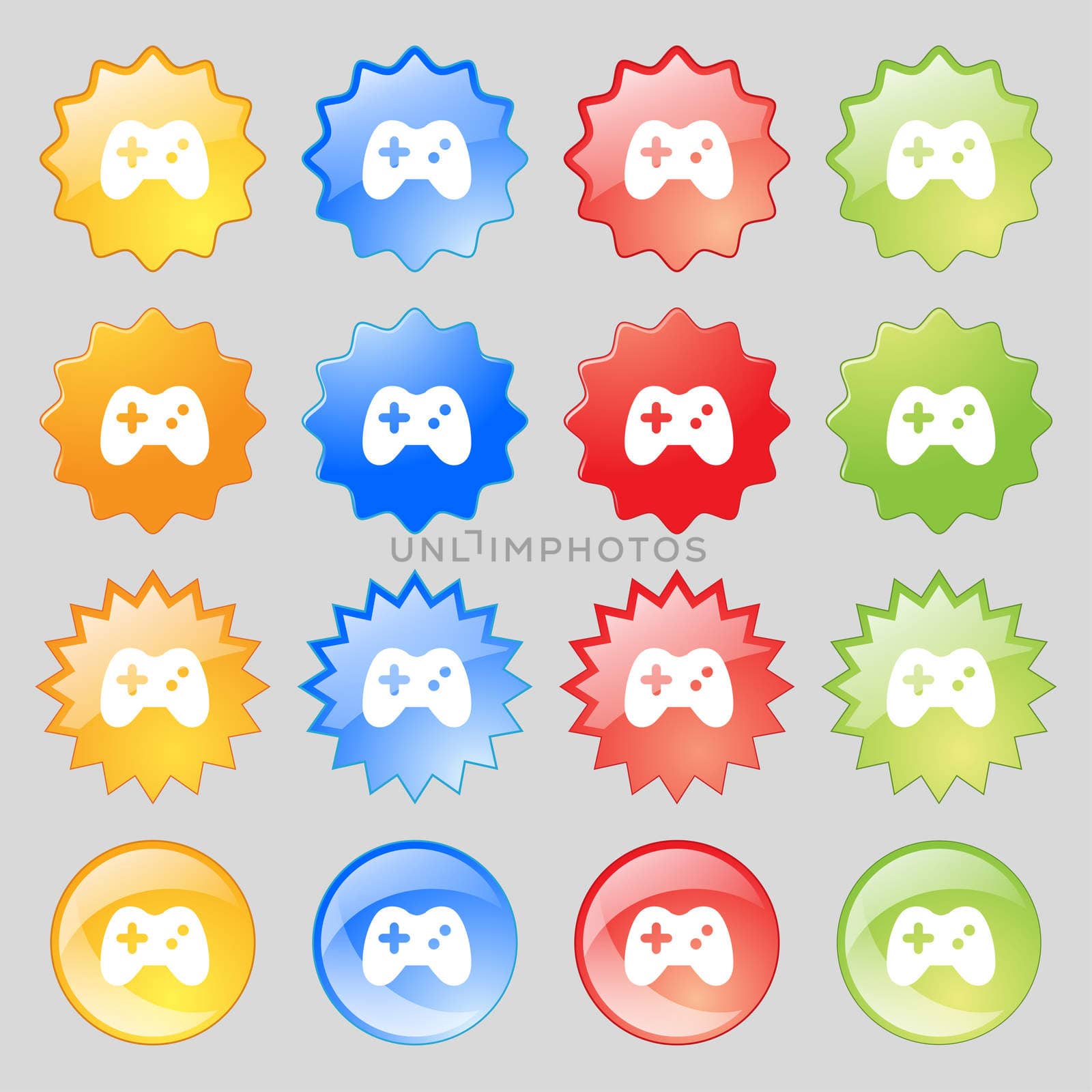 Joystick icon sign. Set from sixteen multi-colored glass buttons with place for text. illustration