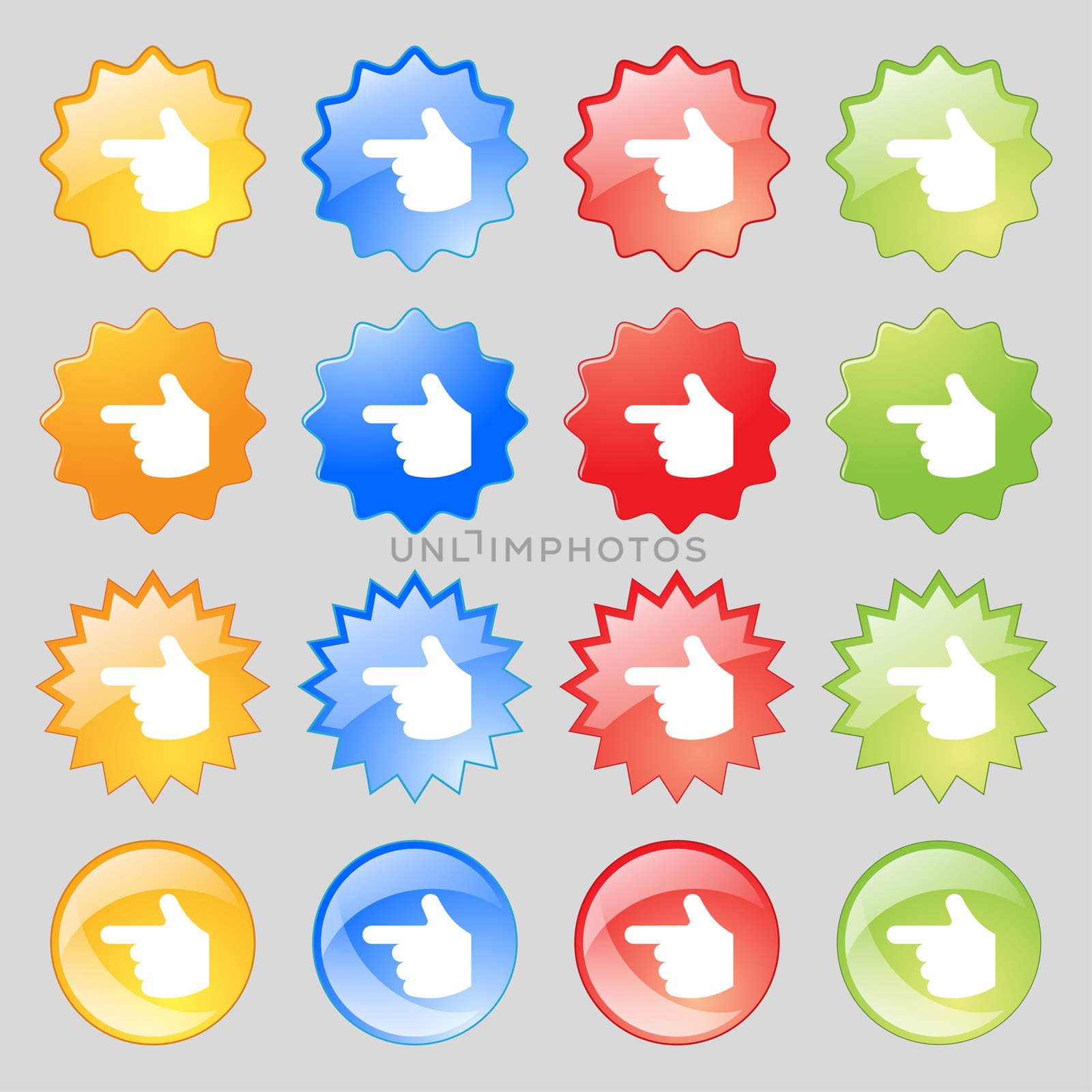 pointing hand icon sign. Set from sixteen multi-colored glass buttons with place for text.  by serhii_lohvyniuk