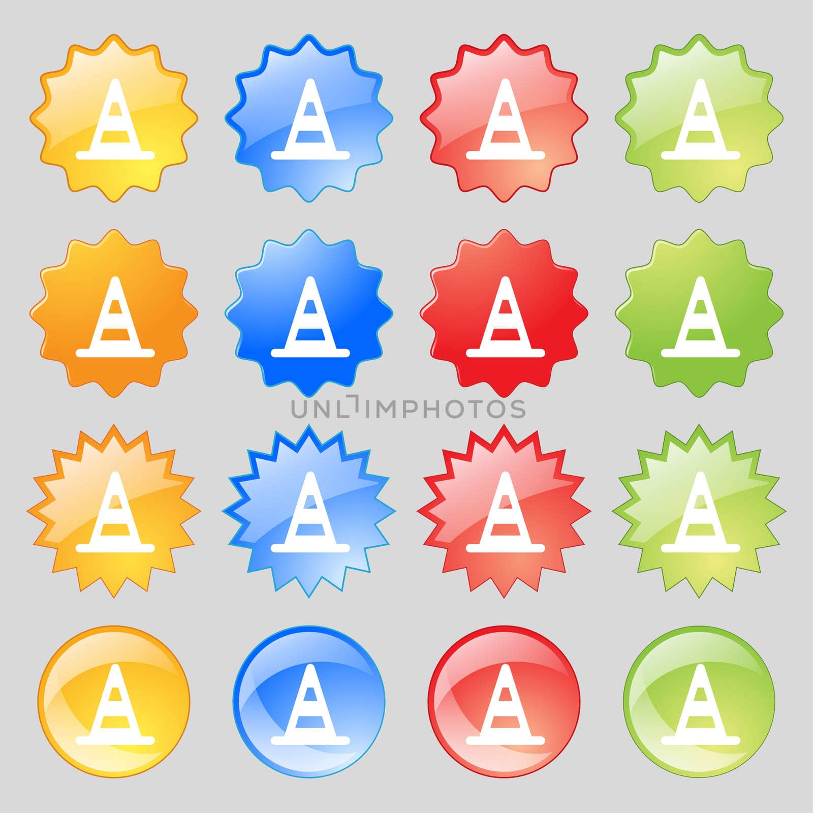 road cone icon sign. Set from sixteen multi-colored glass buttons with place for text.  by serhii_lohvyniuk