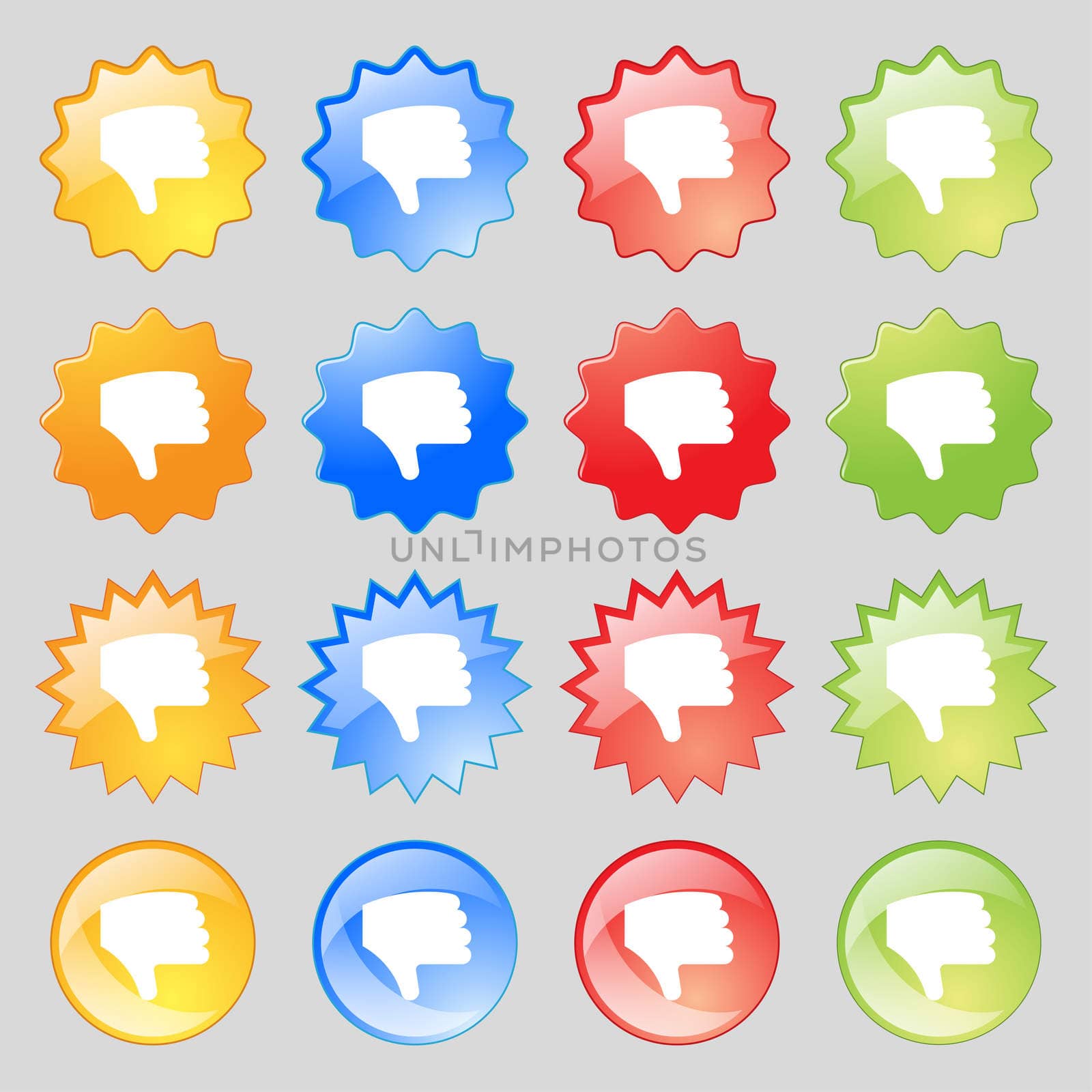 Dislike, Thumb down, Hand finger down icon sign. Set from sixteen multi-colored glass buttons with place for text. illustration