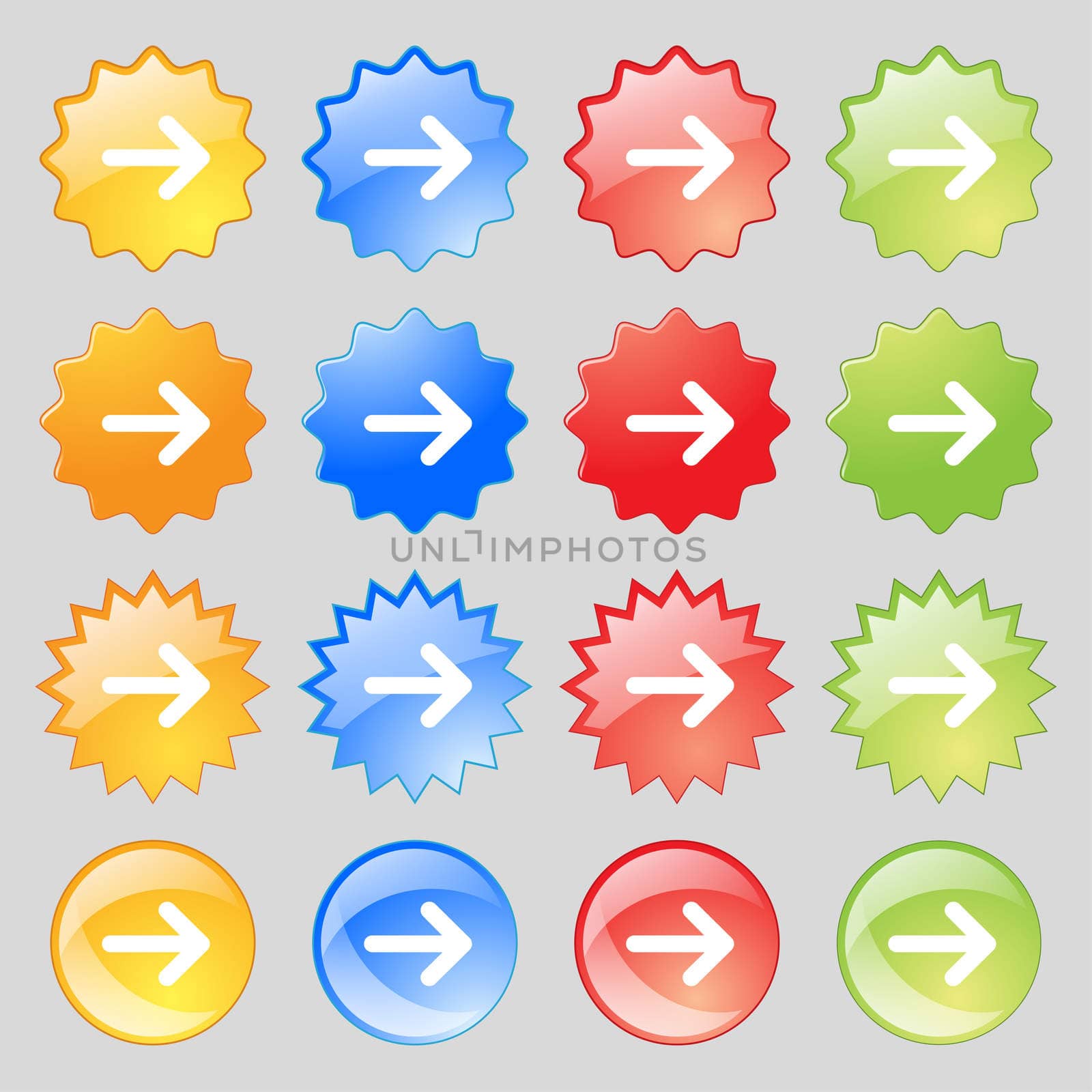 Arrow right, Next icon sign. Big set of 16 colorful modern buttons for your design. illustration