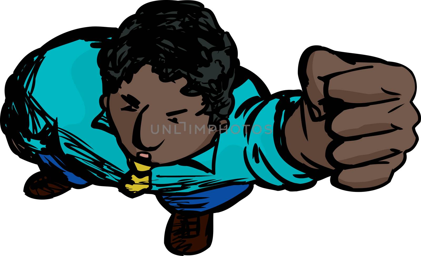 Cartoon of annoyed Black man looking up holding clenched fist