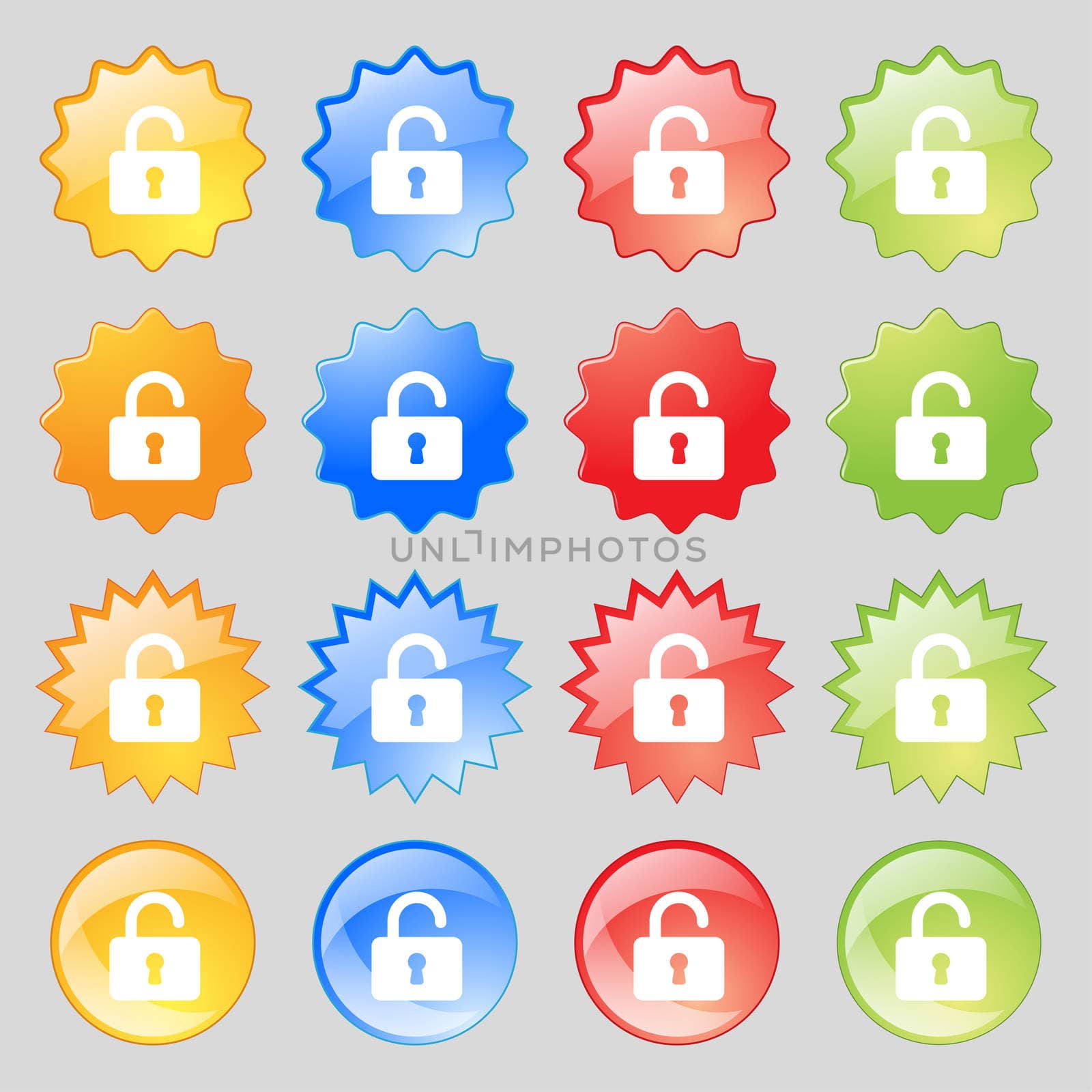 Open Padlock icon sign. Set from sixteen multi-colored glass buttons with place for text. illustration