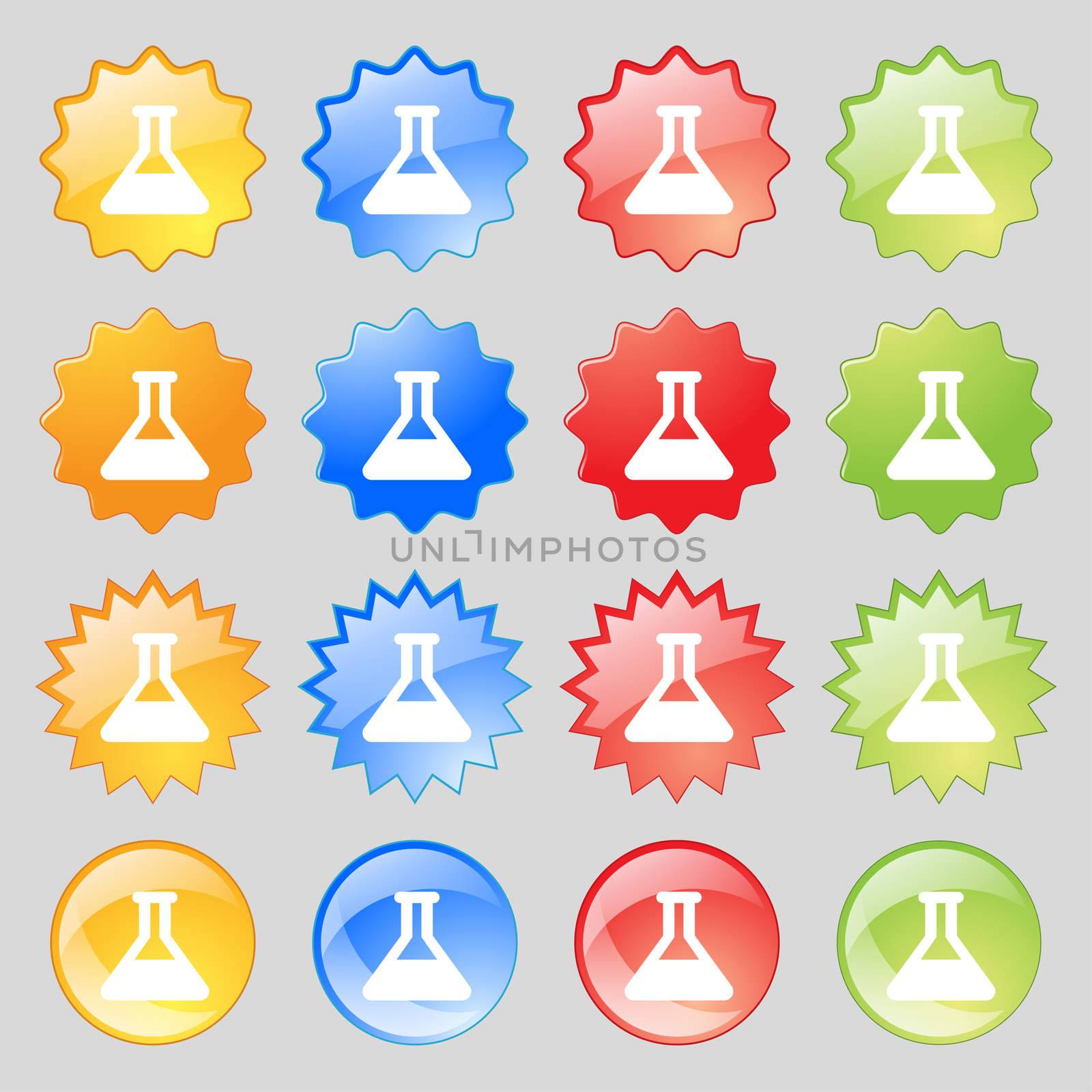 Conical Flask icon sign. Set from sixteen multi-colored glass buttons with place for text. illustration