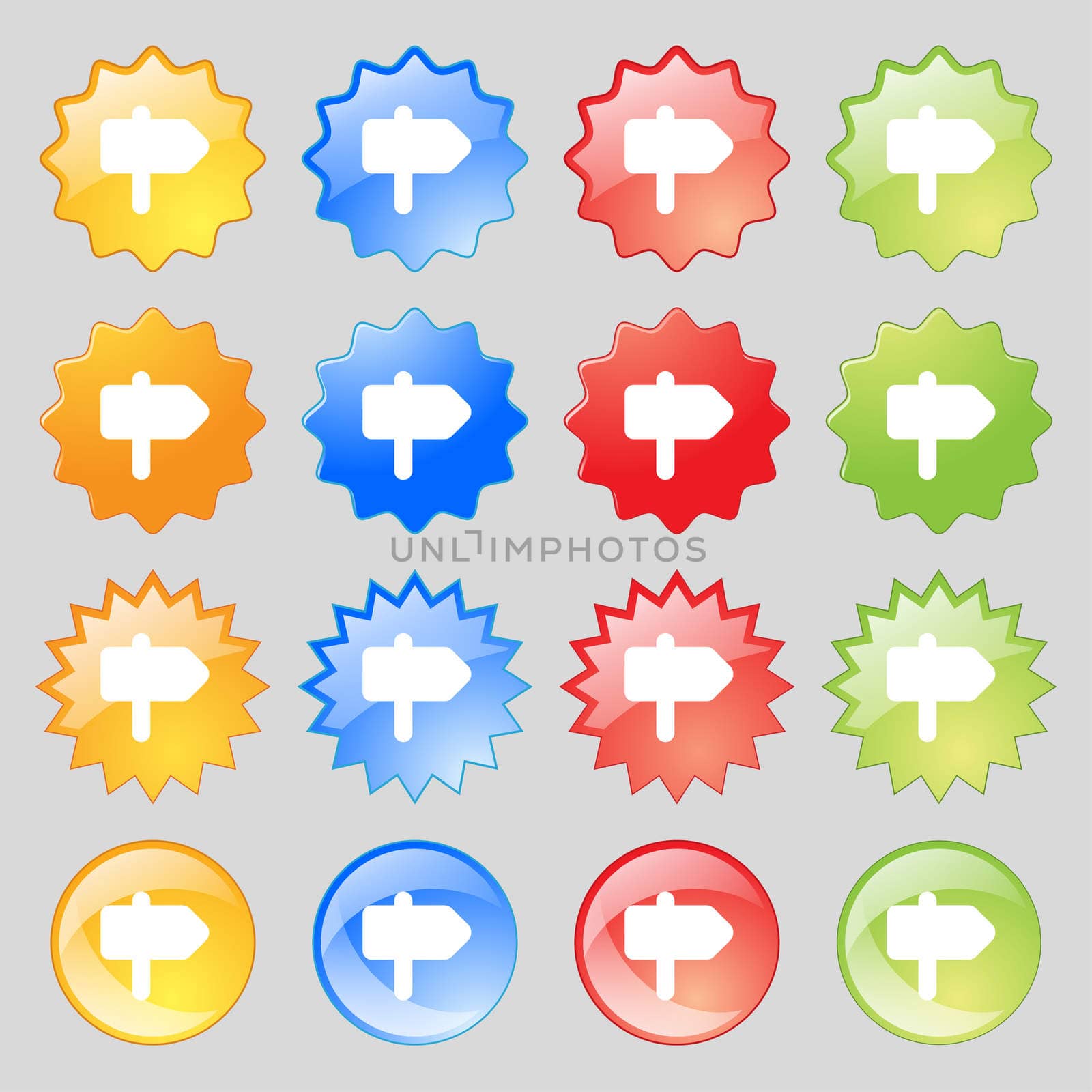 Information Road icon sign. Set from sixteen multi-colored glass buttons with place for text.  by serhii_lohvyniuk