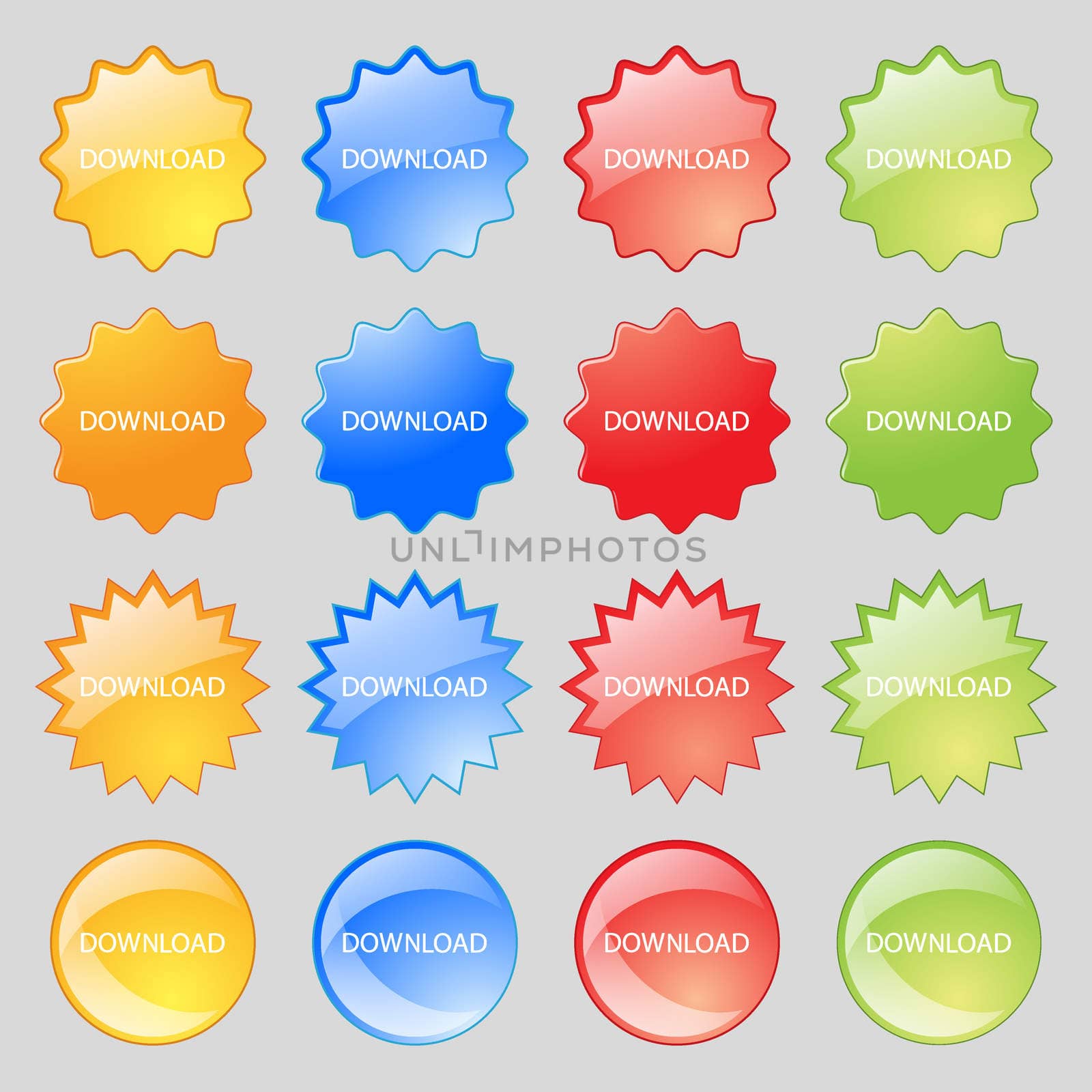 Download icon. Upload button. Load symbol. Big set of 16 colorful modern buttons for your design. illustration