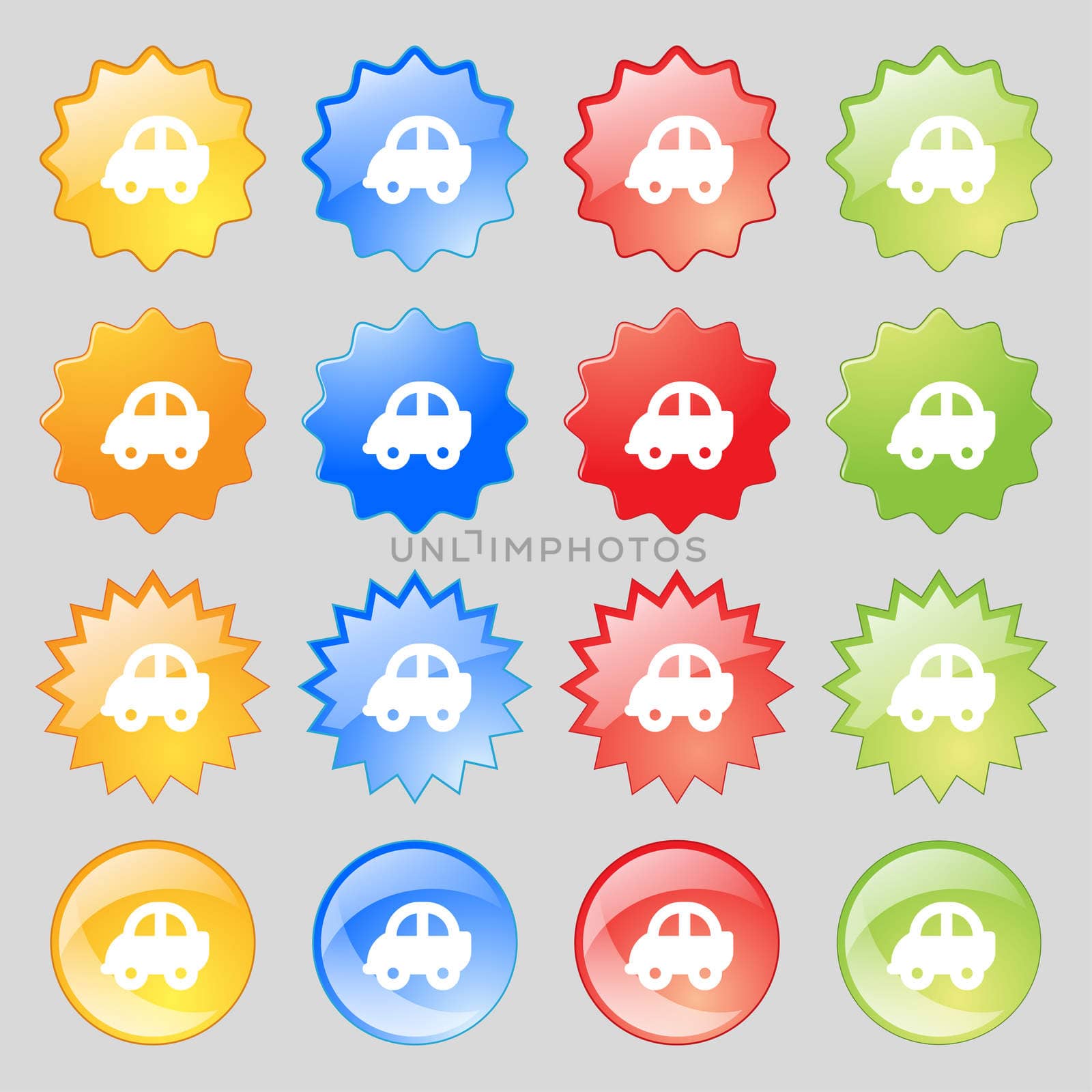 Auto icon sign. Set from sixteen multi-colored glass buttons with place for text.  by serhii_lohvyniuk