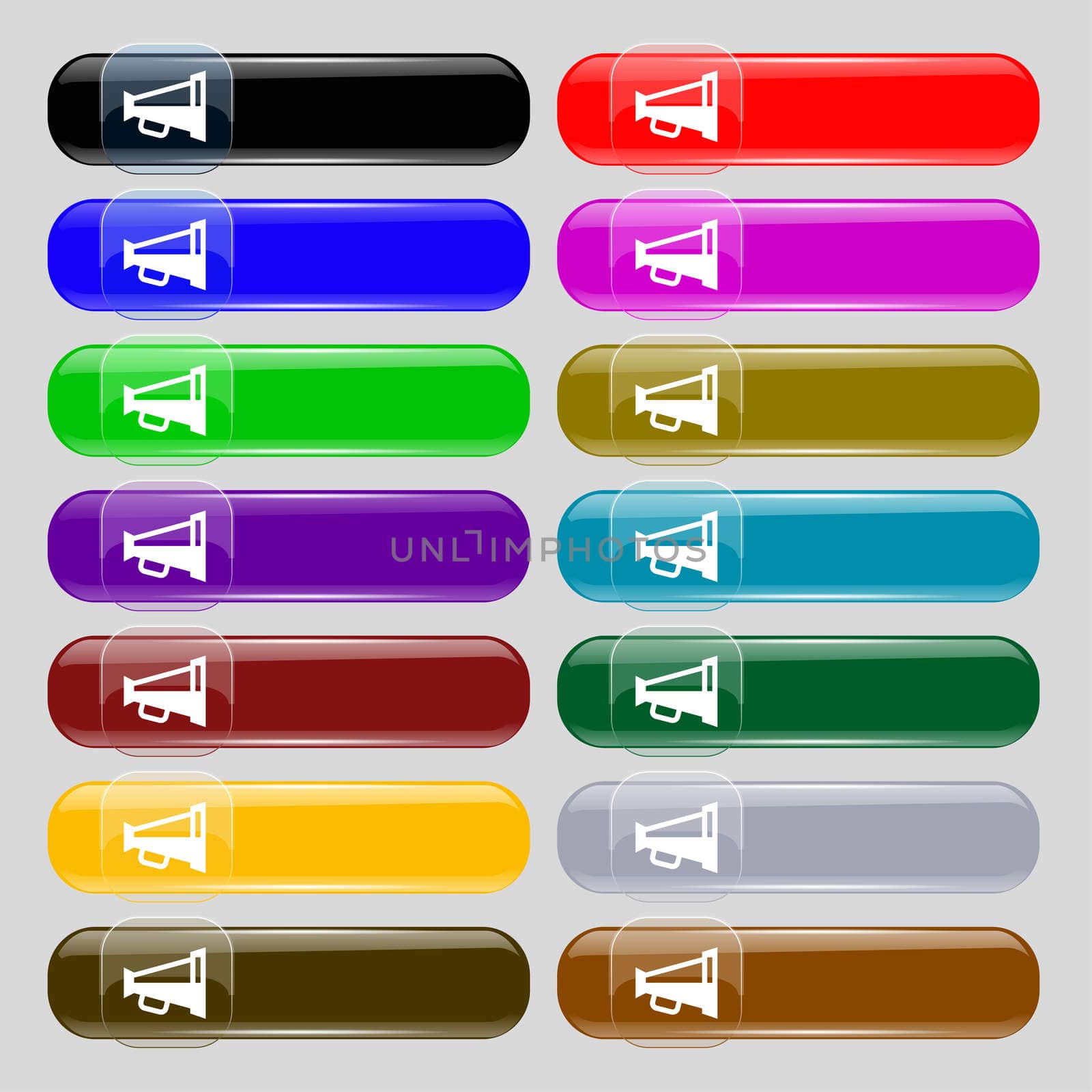 Megaphone soon, Loudspeaker icon sign. Set from fourteen multi-colored glass buttons with place for text. illustration