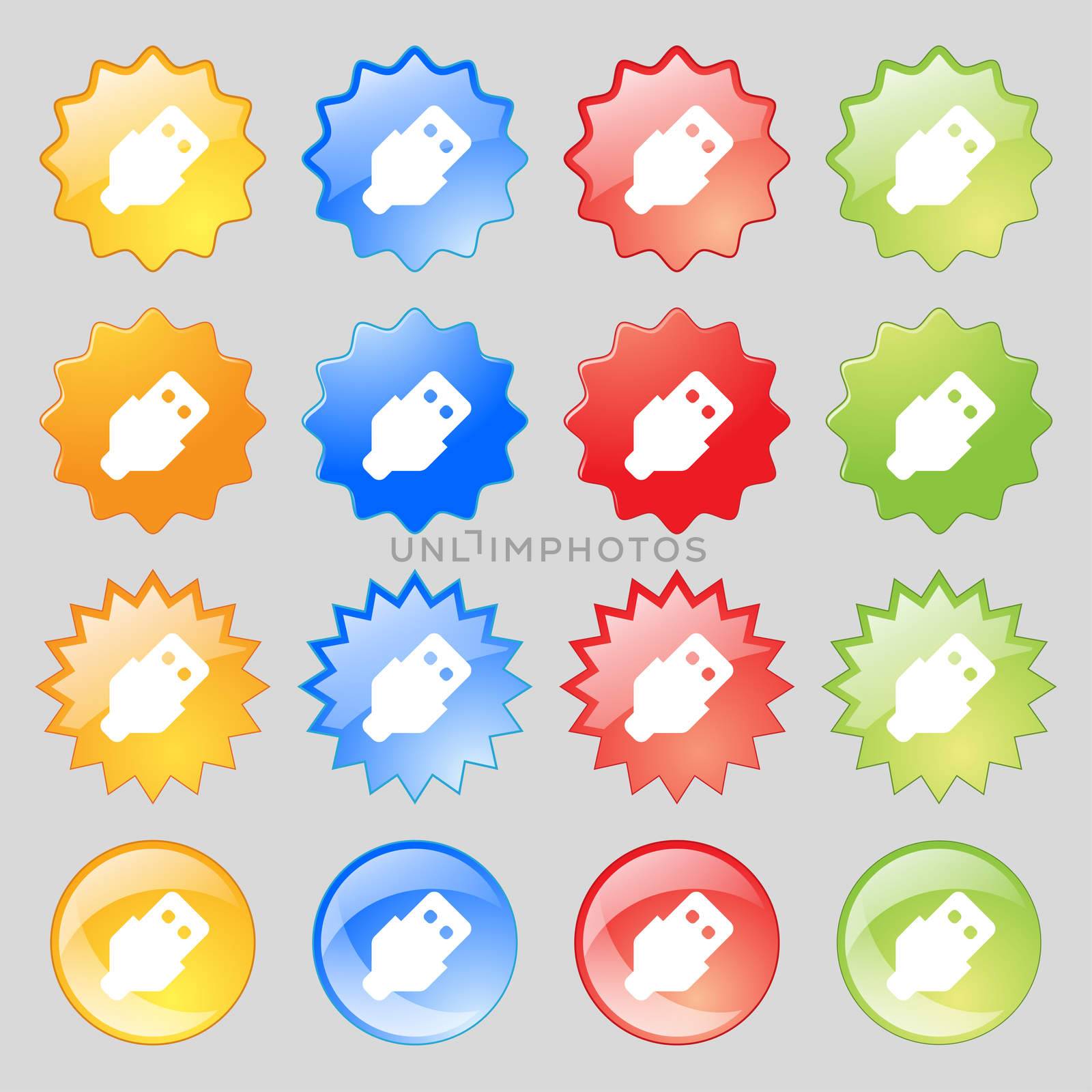 USB icon sign. Set from sixteen multi-colored glass buttons with place for text. illustration