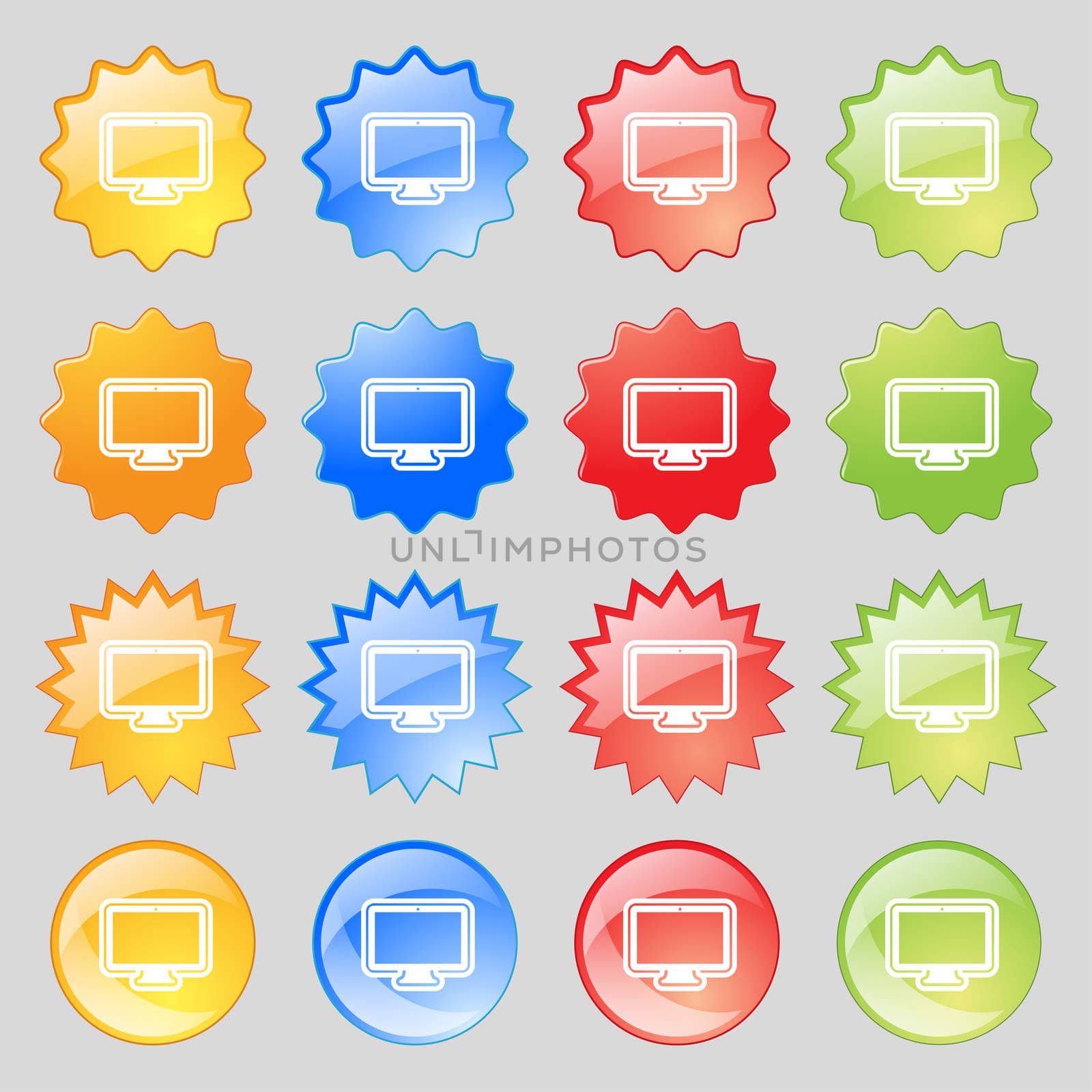 monitor icon sign. Big set of 16 colorful modern buttons for your design. illustration