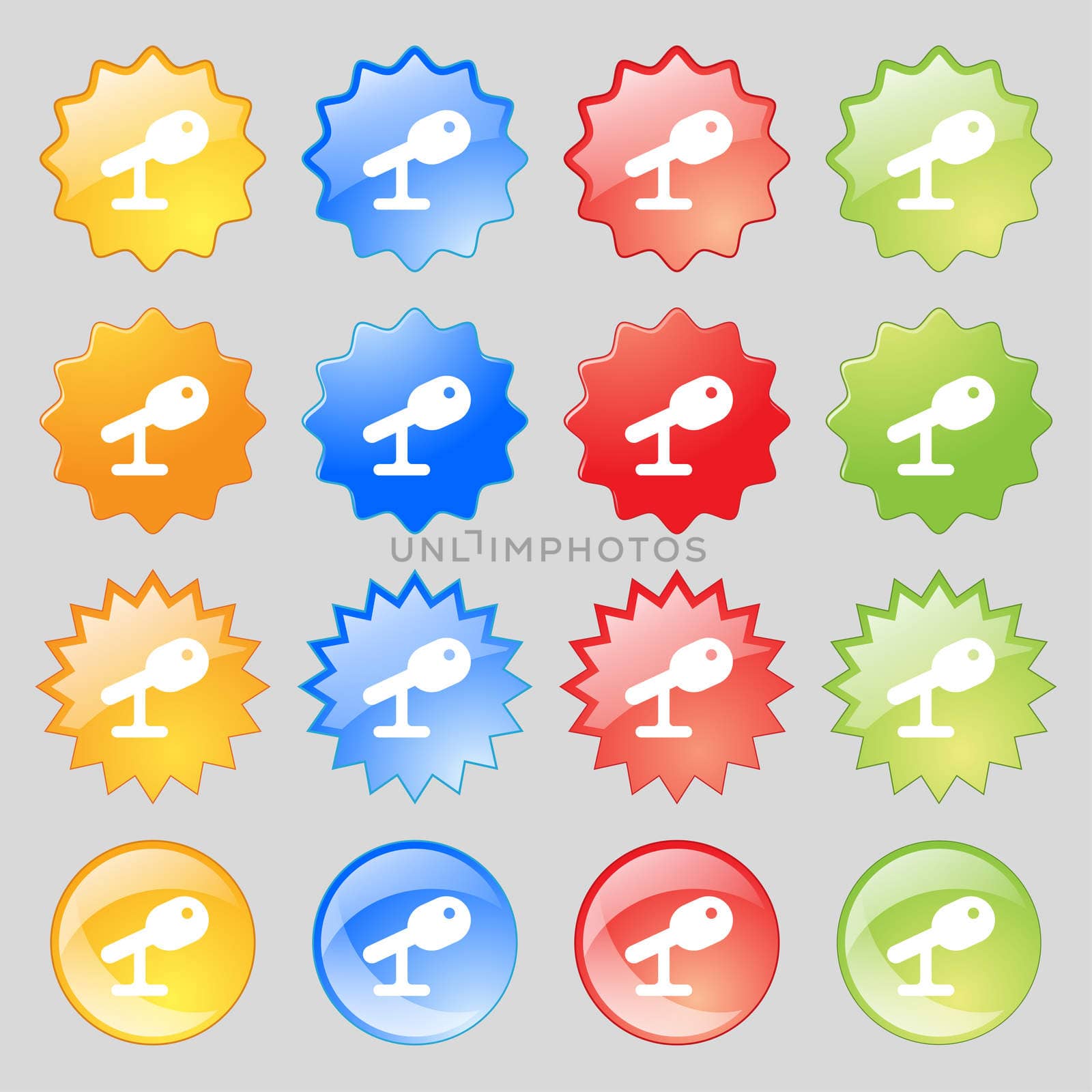 Microphone, Speaker icon sign. Set from sixteen multi-colored glass buttons with place for text. illustration