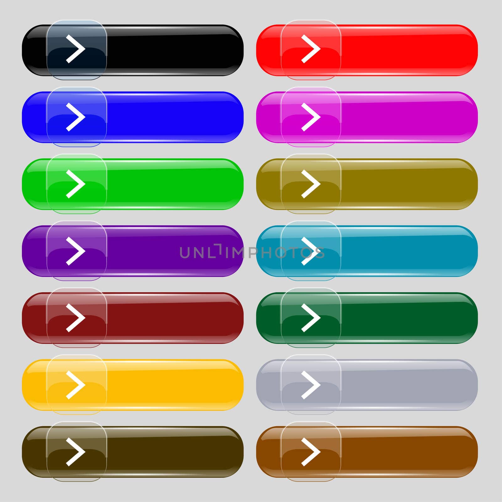 Arrow right, Next icon sign. Set from fourteen multi-colored glass buttons with place for text.  by serhii_lohvyniuk