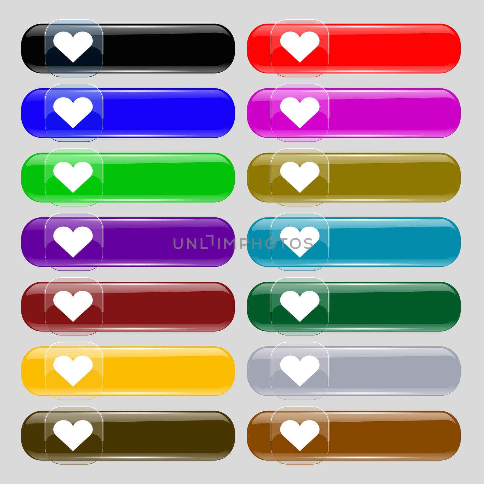 Heart, Love icon sign. Set from fourteen multi-colored glass buttons with place for text. illustration
