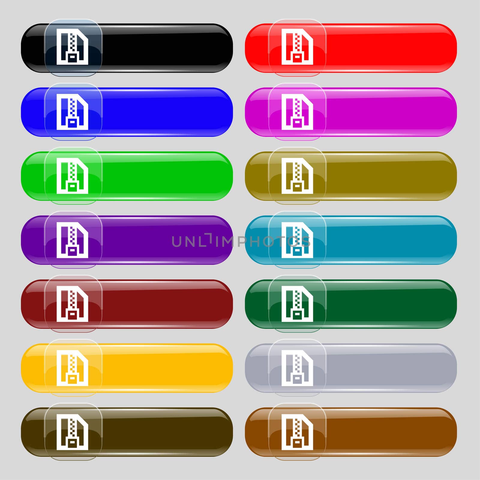Archive file, Download compressed, ZIP zipped icon sign. Set from fourteen multi-colored glass buttons with place for text.  by serhii_lohvyniuk