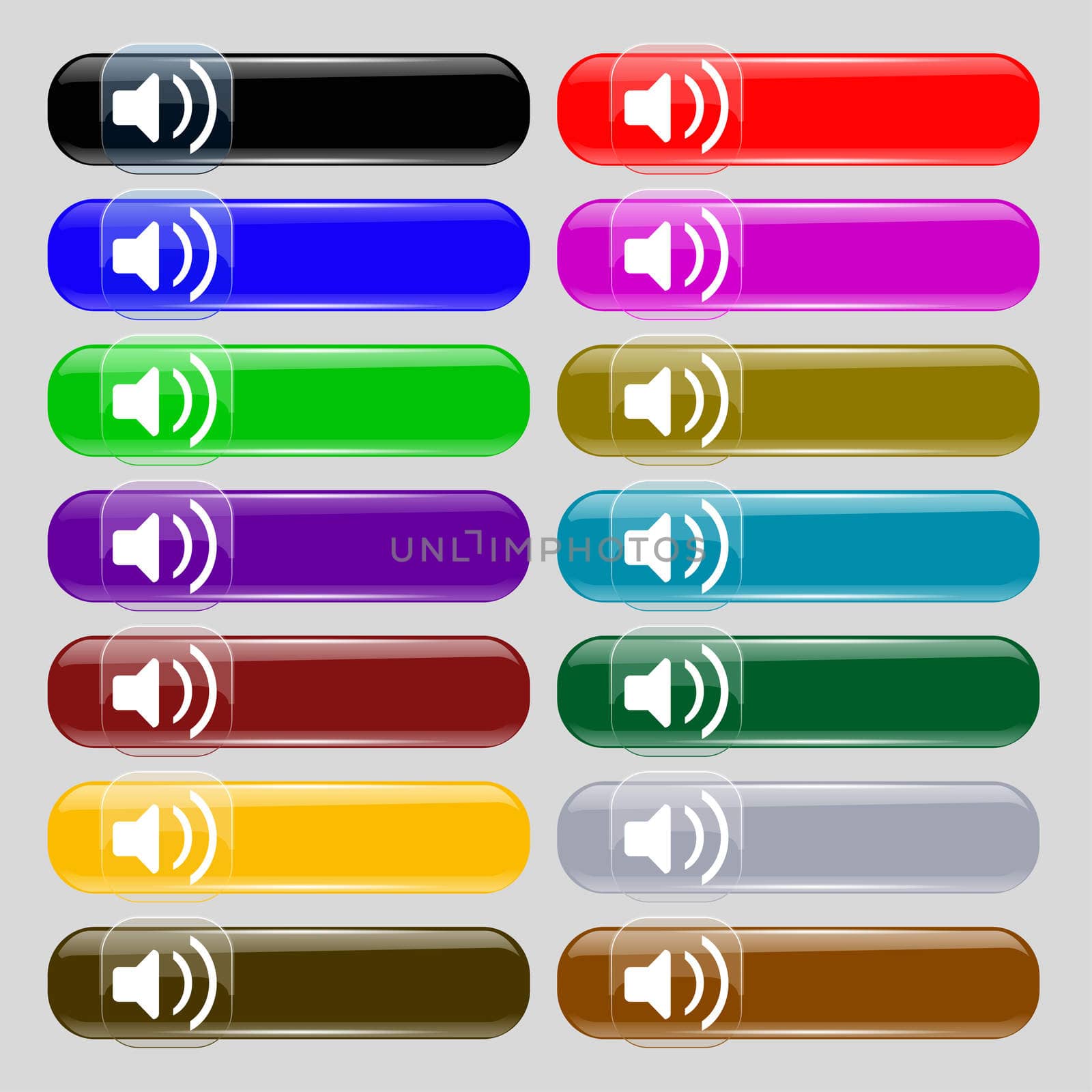 Speaker volume, Sound icon sign. Set from fourteen multi-colored glass buttons with place for text. illustration
