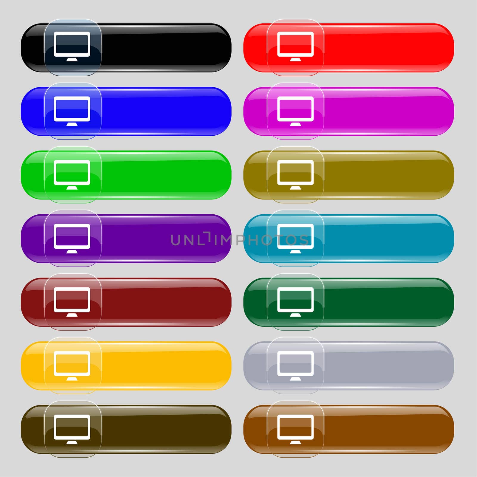 Computer widescreen monitor icon sign. Set from fourteen multi-colored glass buttons with place for text. illustration