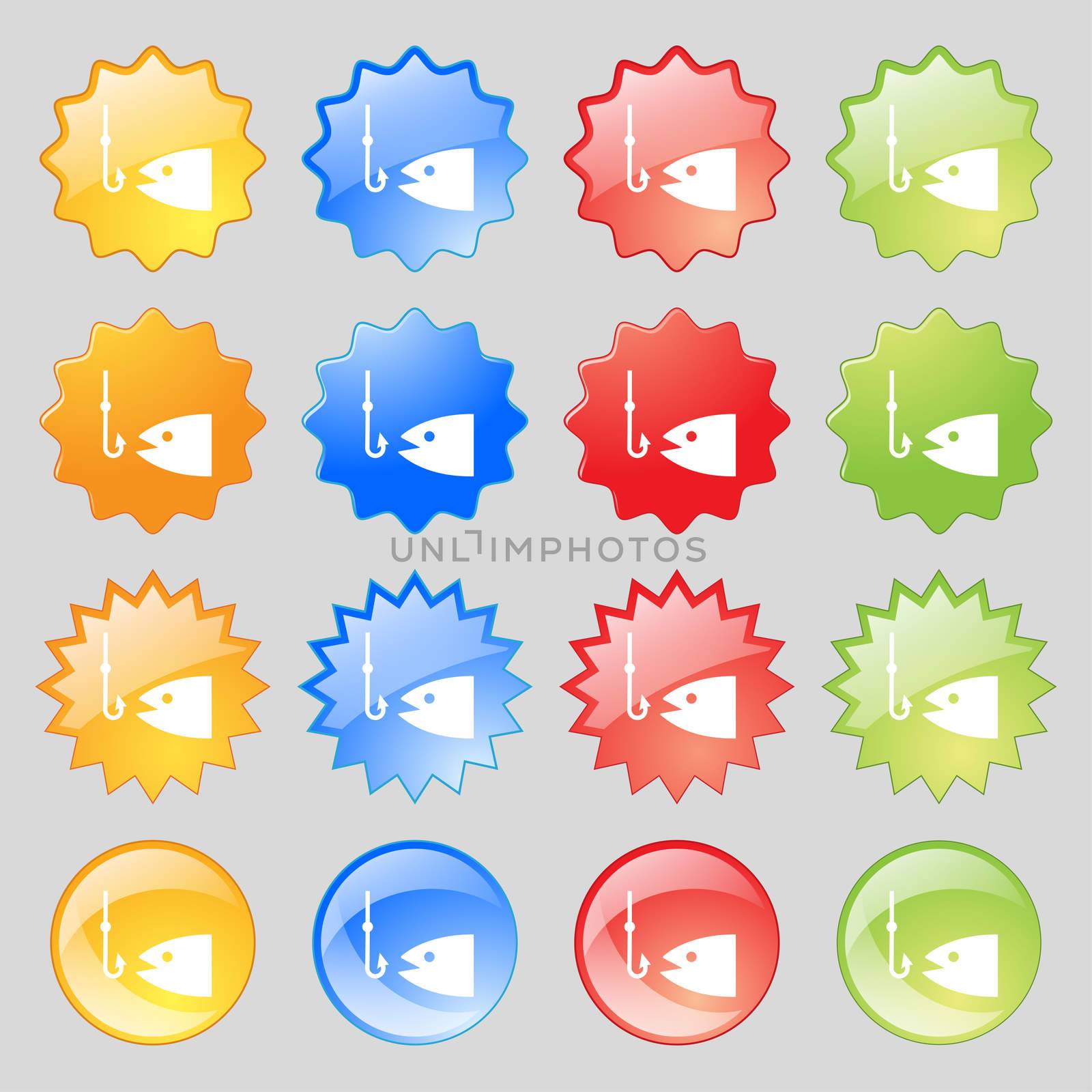 Fishing icon sign. Big set of 16 colorful modern buttons for your design.  by serhii_lohvyniuk