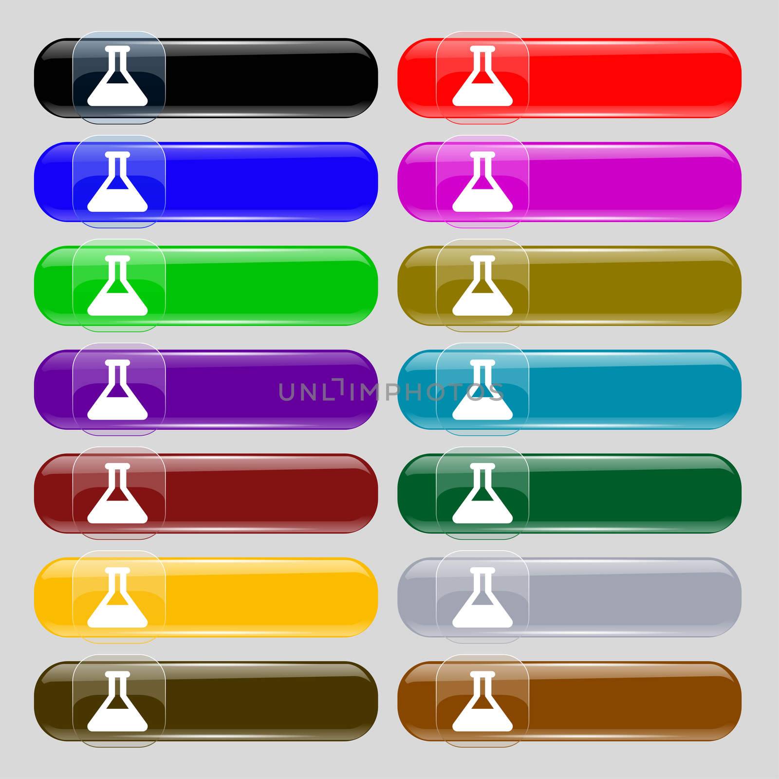 Conical Flask icon sign. Set from fourteen multi-colored glass buttons with place for text.  by serhii_lohvyniuk
