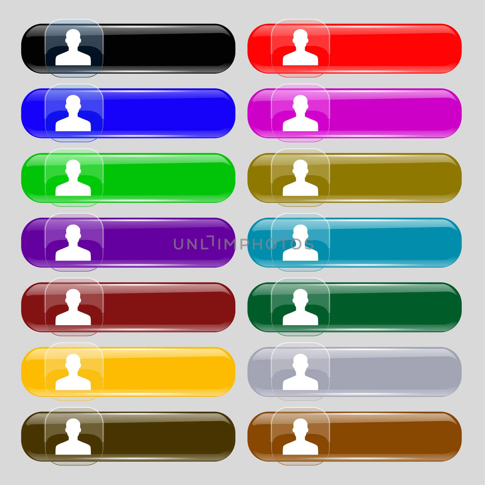 User, Person, Log in icon sign. Set from fourteen multi-colored glass buttons with place for text. illustration