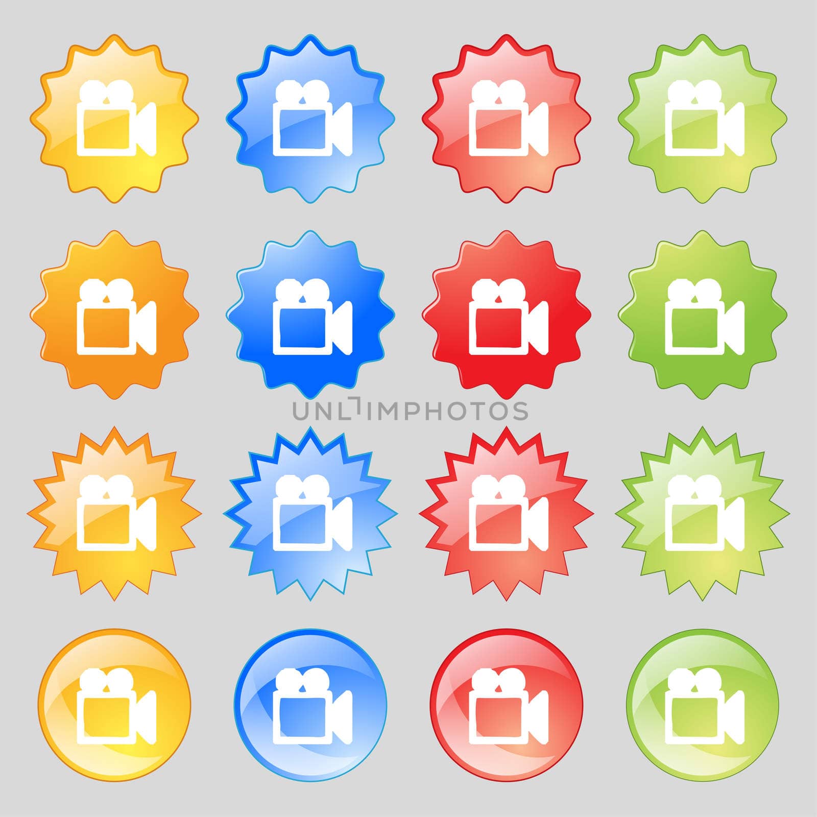 camcorder icon sign. Set from fourteen multi-colored glass buttons with place for text. illustration