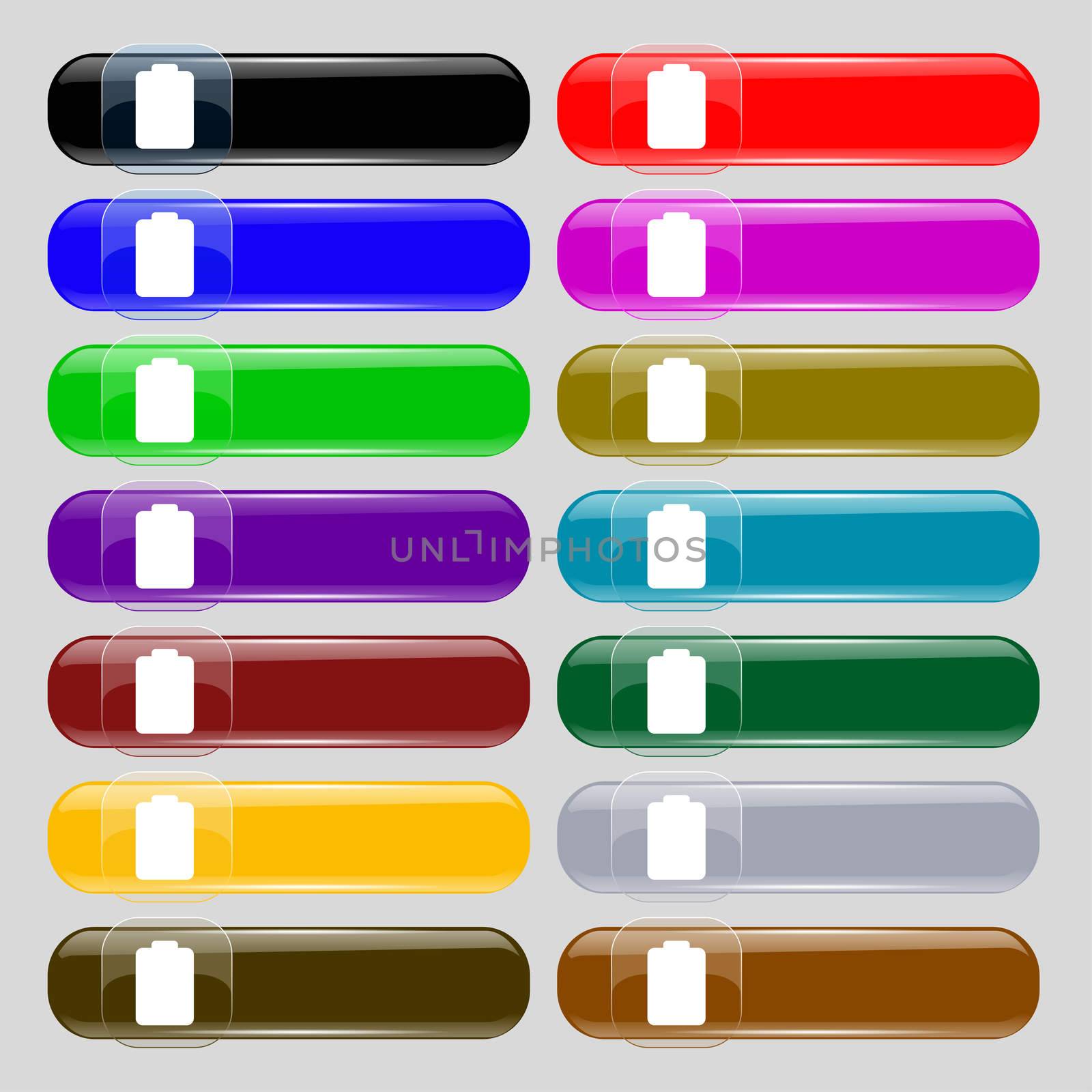 Battery empty, Low electricity icon sign. Set from fourteen multi-colored glass buttons with place for text. illustration