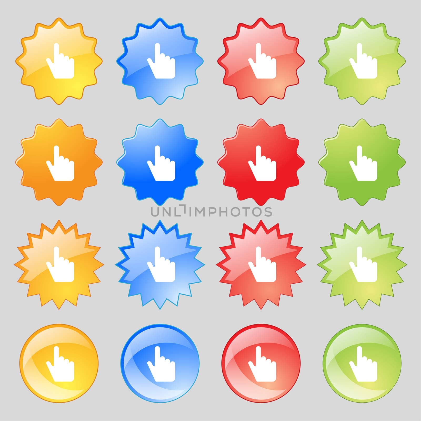 cursor icon sign. Set from fourteen multi-colored glass buttons with place for text. illustration