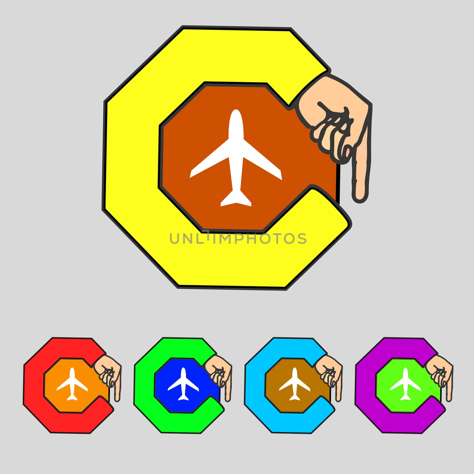 Airplane sign. Plane symbol. Travel icon. Flight flat label. Set colourful buttons.  by serhii_lohvyniuk