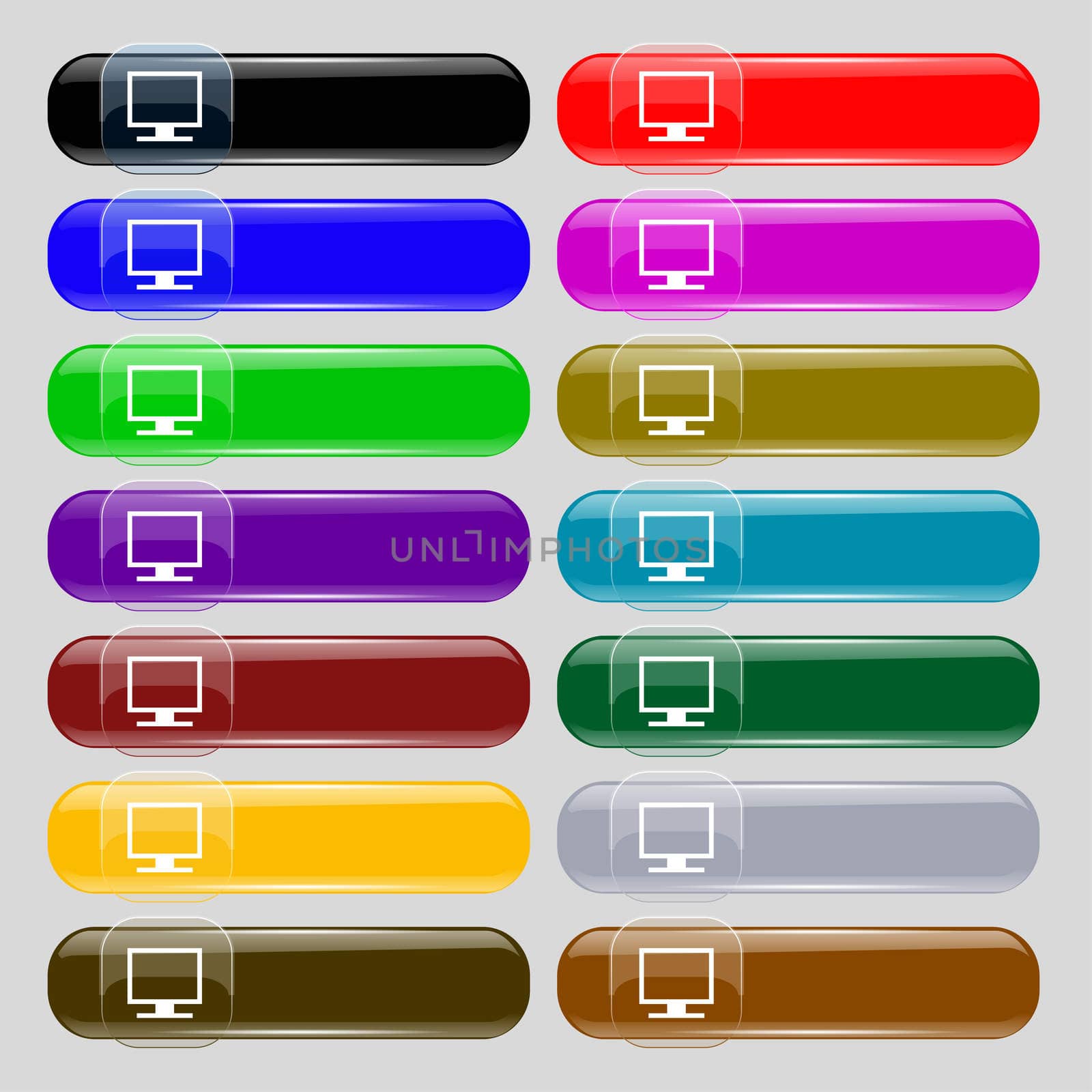 Computer widescreen monitor icon sign. Set from fourteen multi-colored glass buttons with place for text. illustration