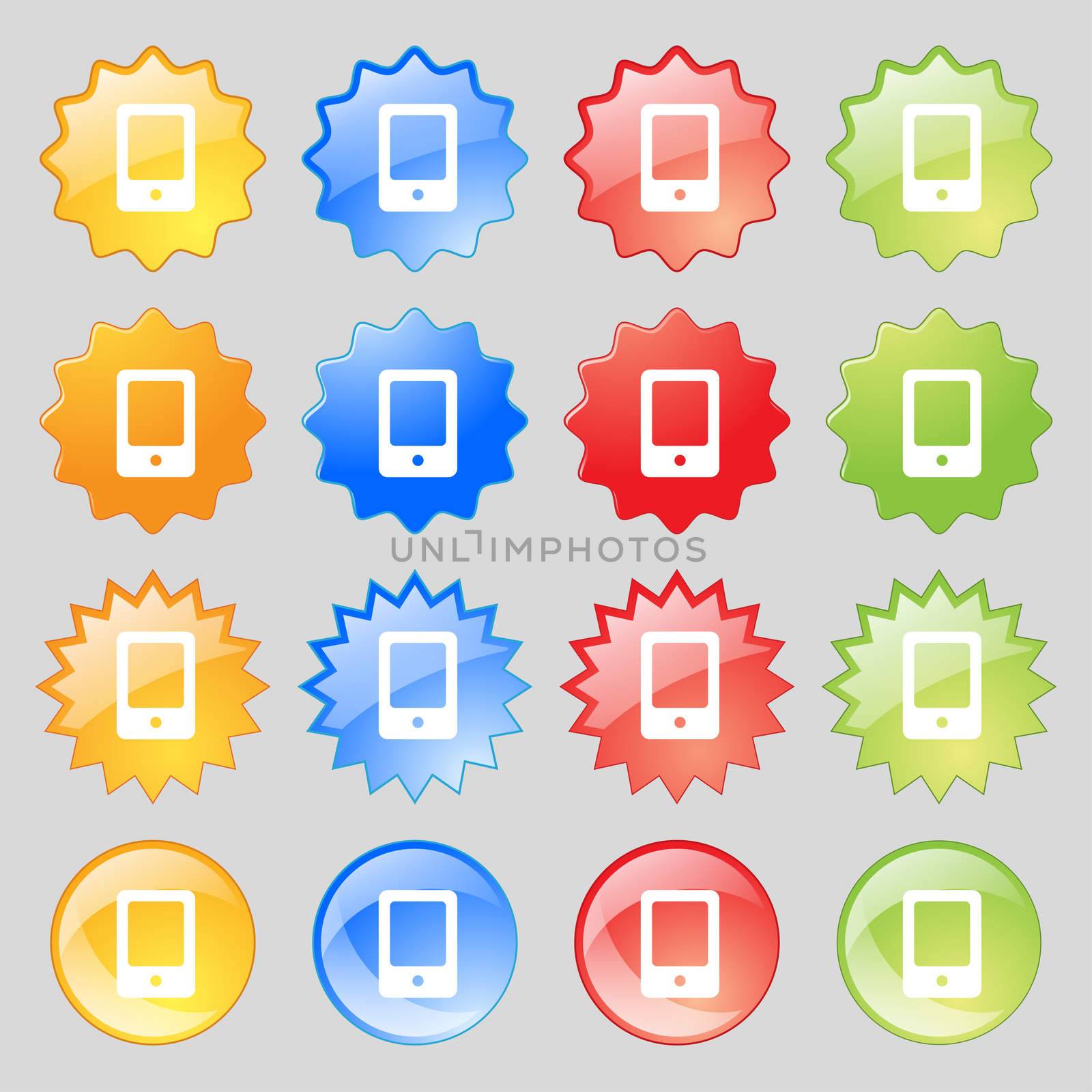 Tablet icon sign. Set from fourteen multi-colored glass buttons with place for text.  by serhii_lohvyniuk