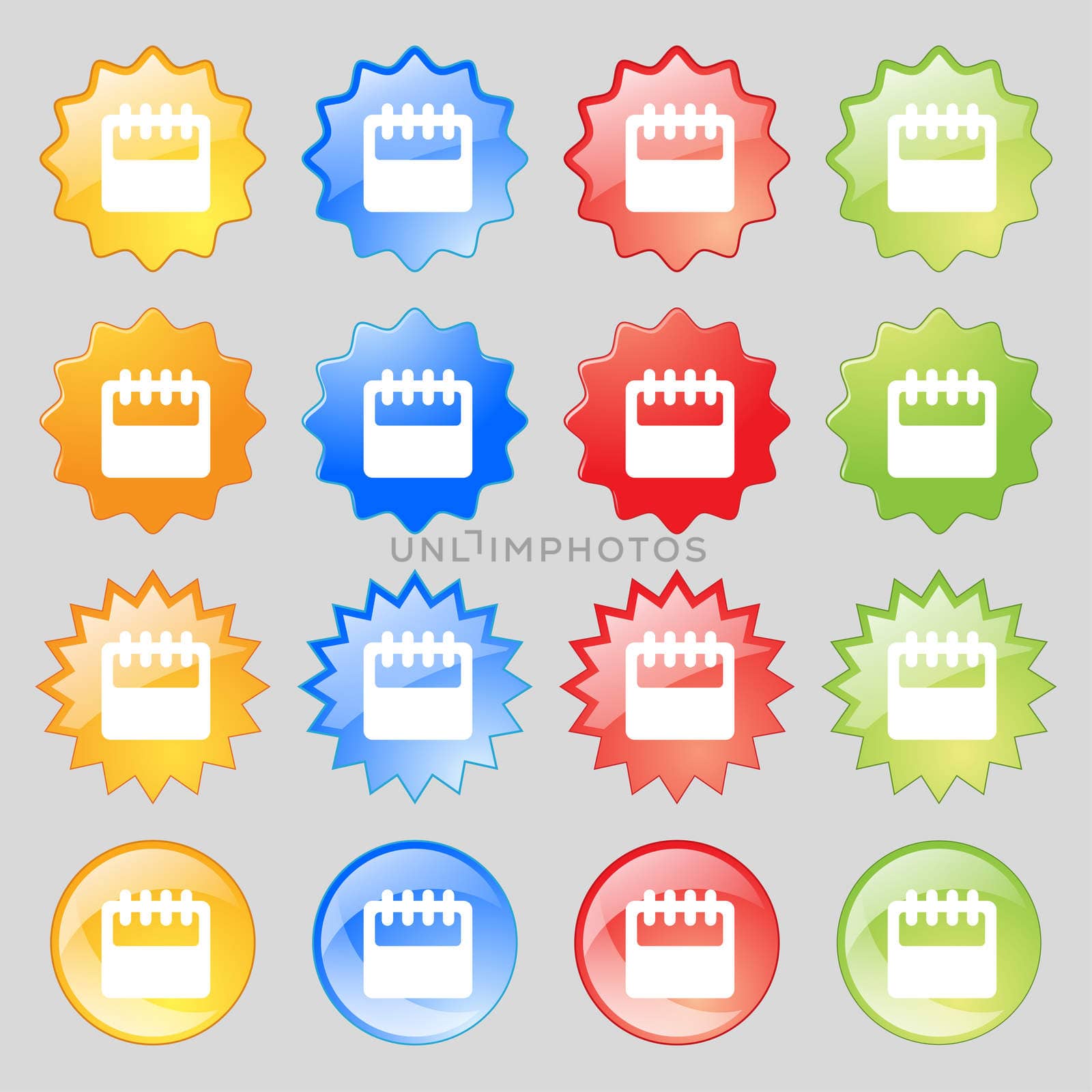 Notepad, calendar icon sign. Set from fourteen multi-colored glass buttons with place for text. illustration