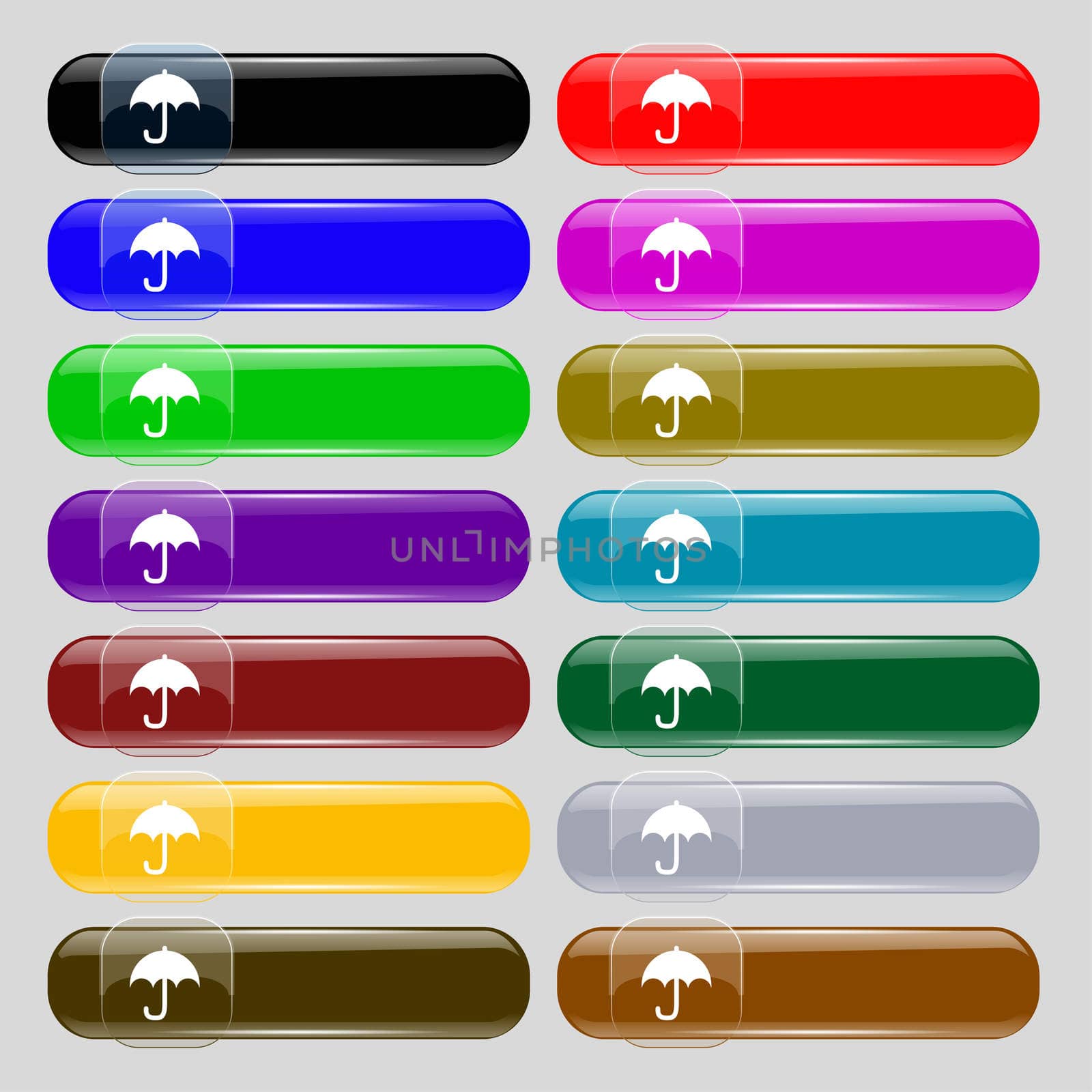 Umbrella icon sign. Set from fourteen multi-colored glass buttons with place for text. illustration