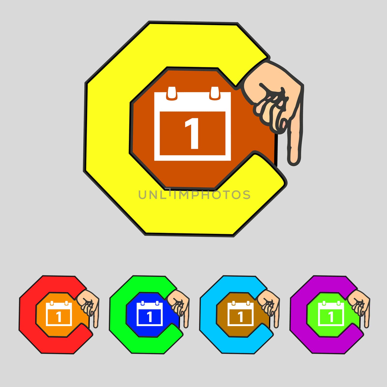 Calendar sign icon. 1 day month symbol. Date button. Set colourful buttons  by serhii_lohvyniuk